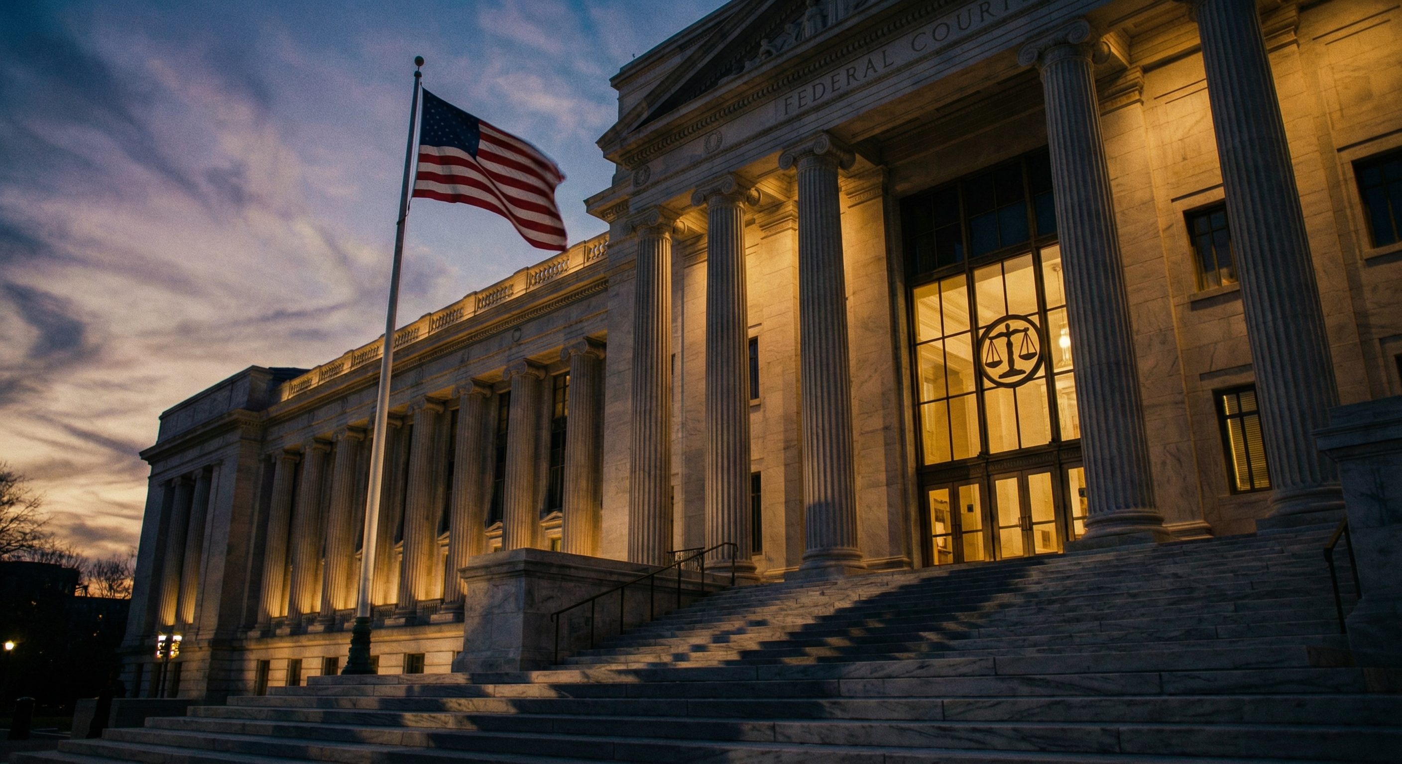 Federal courthouse exterior at dusk with American flag — symbolizing the March 11 AI governance deadline and federal challenge to state AI laws