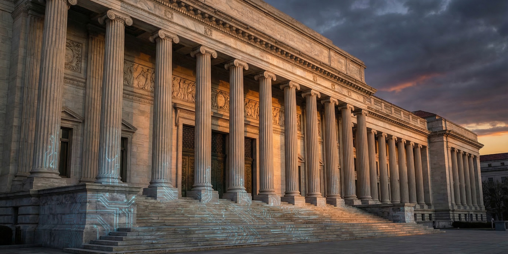 Aerial view of the US Capitol building at night with illuminated dome reflected in a rain-slicked plaza, federal agency seals arranged in the foreground