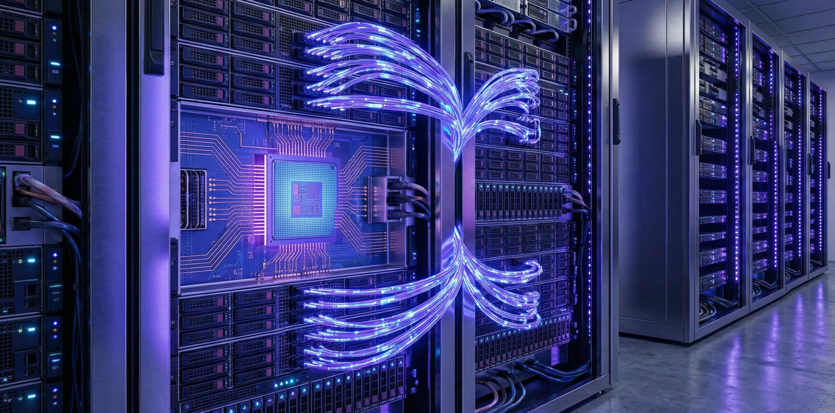 Advanced data center server room with high-density chip interconnect technology and optical fiber bundles between compute nodes