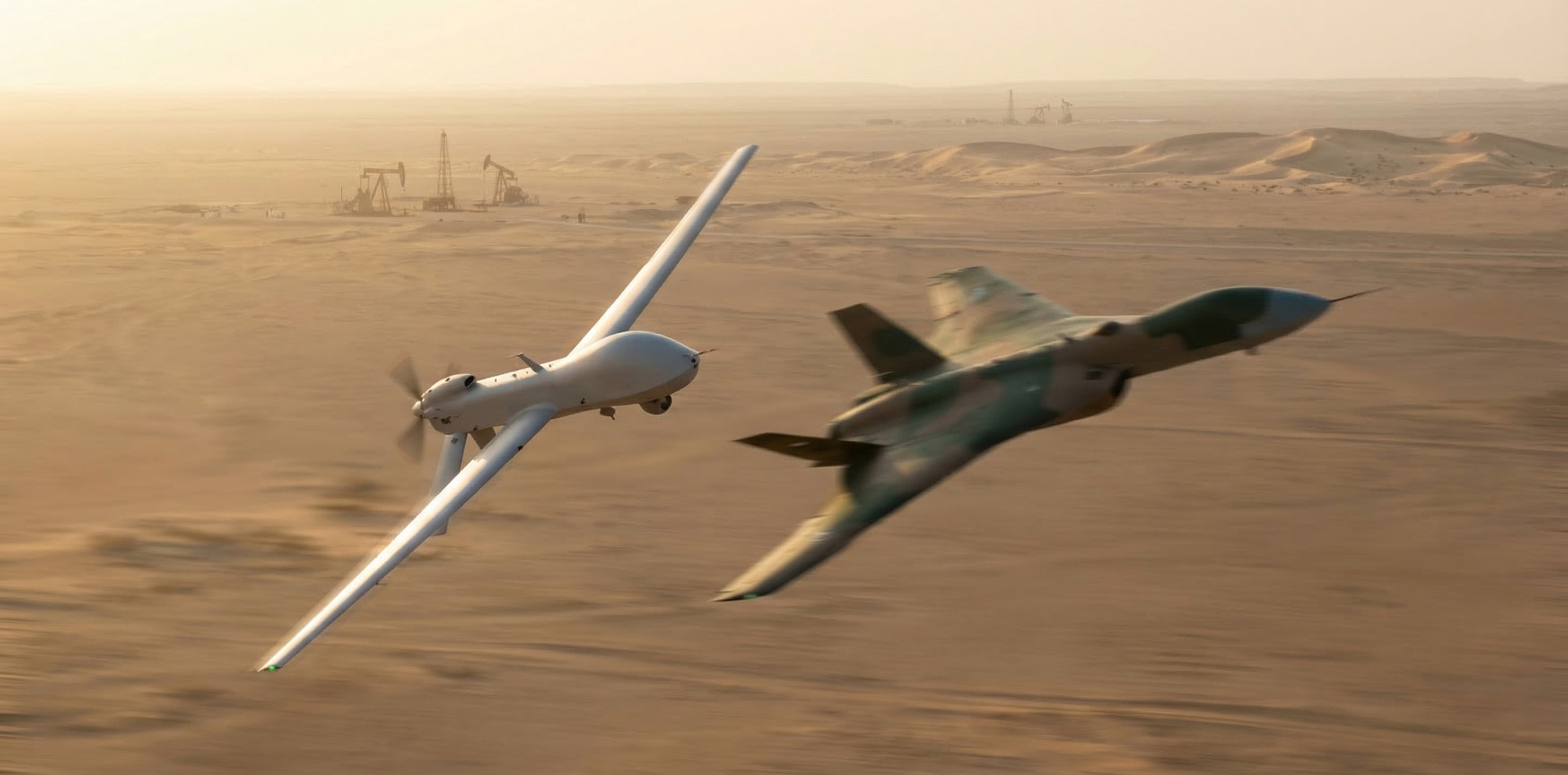 A small propeller-driven interceptor drone pursuing a delta-wing attack drone over a desert landscape at dusk, with missile battery installations visible in the background