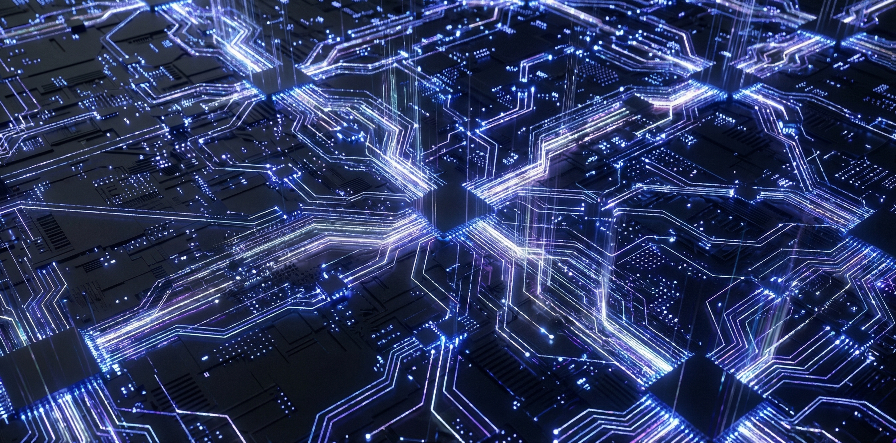 A photorealistic AI neural network visualization showing interconnected blue and violet nodes forming a vast digital enforcement network across a dark surface, representing automated content moderation at scale