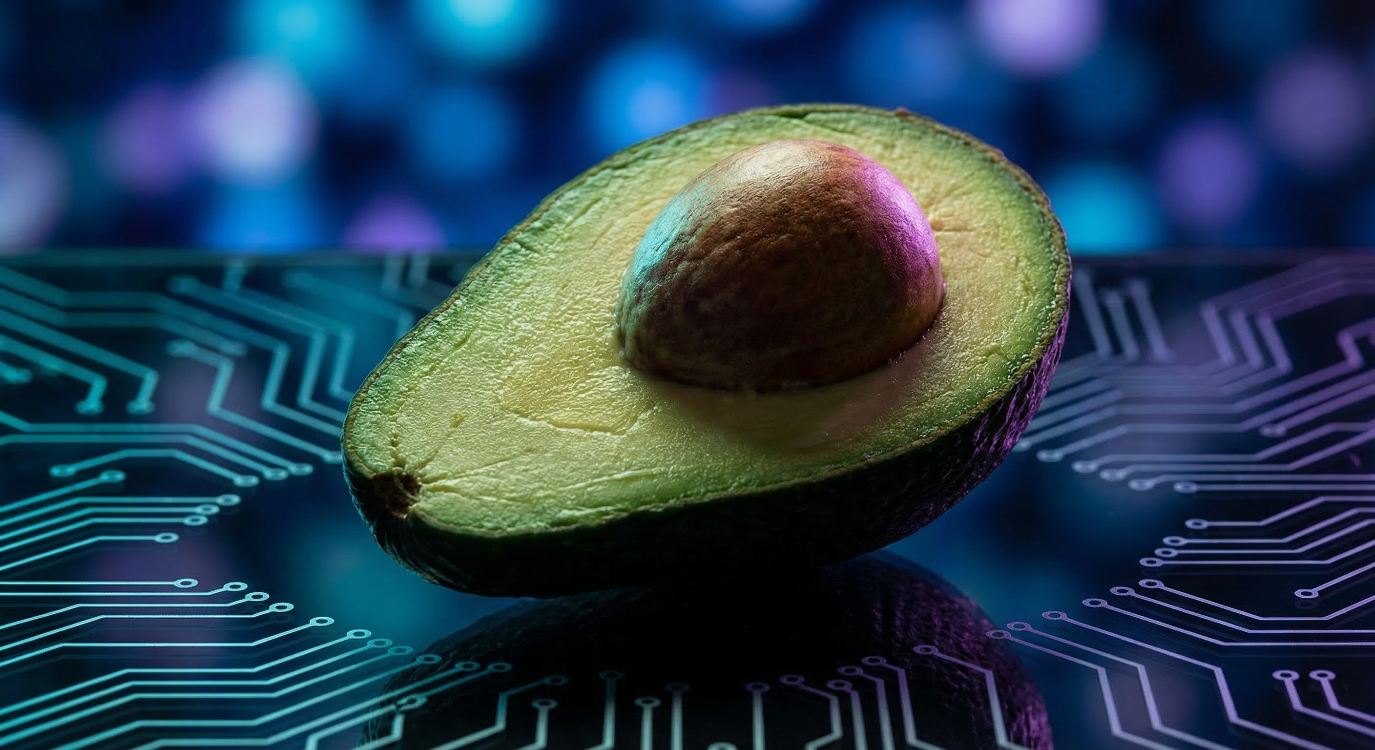 Photorealistic split avocado with vivid green flesh and brown pit placed on dark reflective surface with glowing cyan and purple circuit board traces