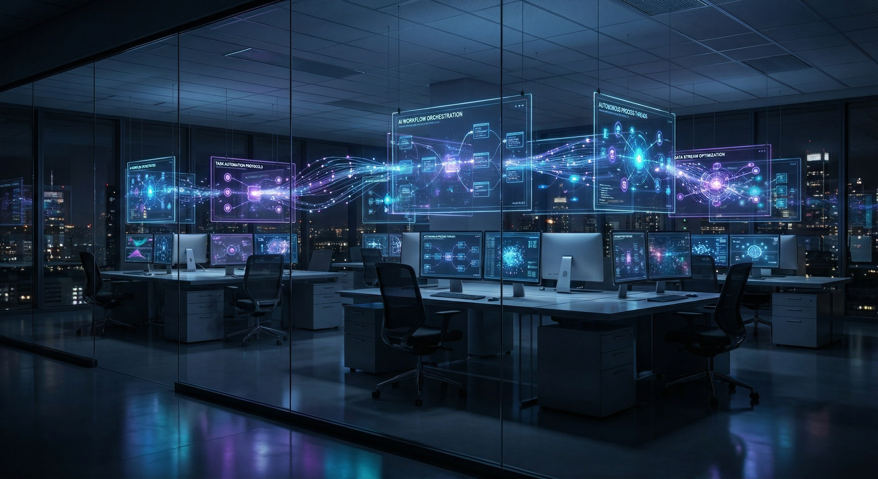 Holographic enterprise AI workflow visualization showing interconnected autonomous task orchestration nodes in blue and purple on a dark background
