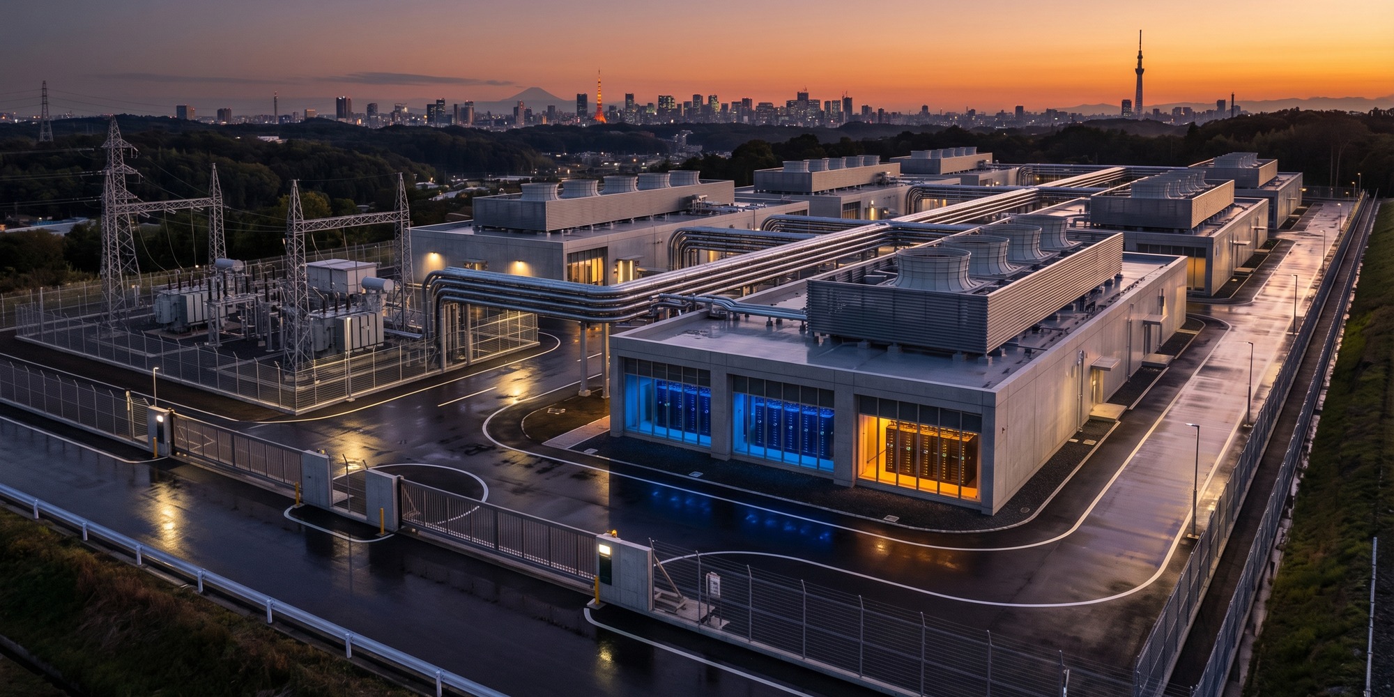 Panoramic view of a modern Japanese AI data center campus with secure perimeter infrastructure, substation equipment, and illuminated server buildings at dusk