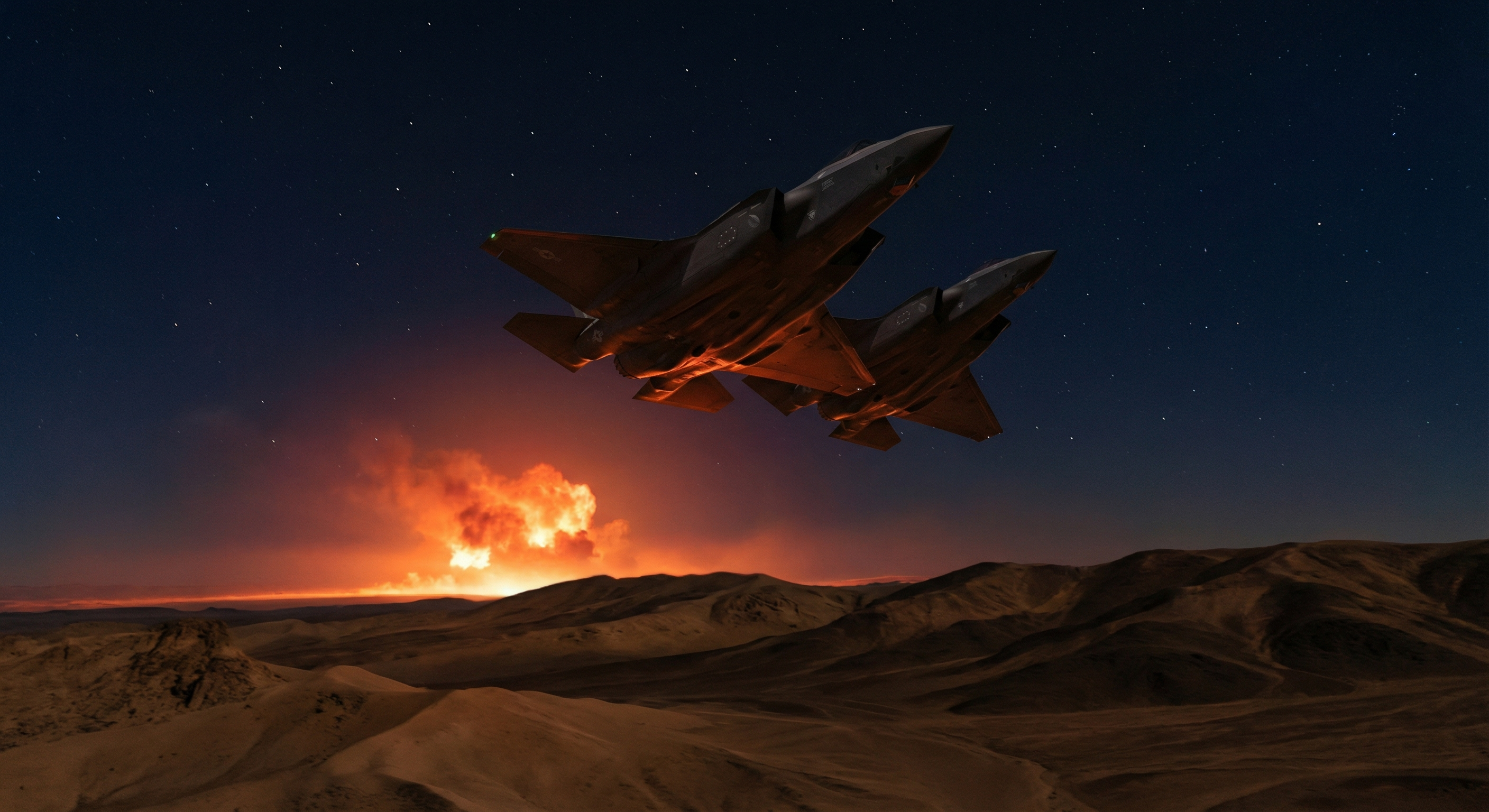 F-35 jets over dark desert landscape at night
