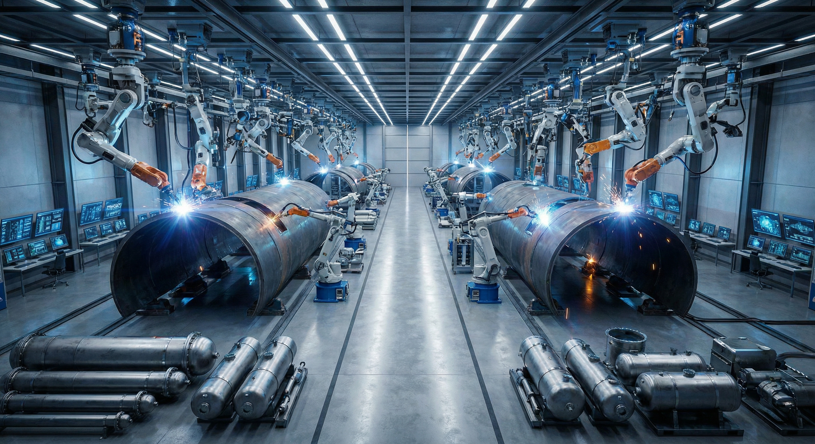 Vast automated manufacturing facility with robotic arms and precision machinery producing large cylindrical submarine components under bright industrial lighting