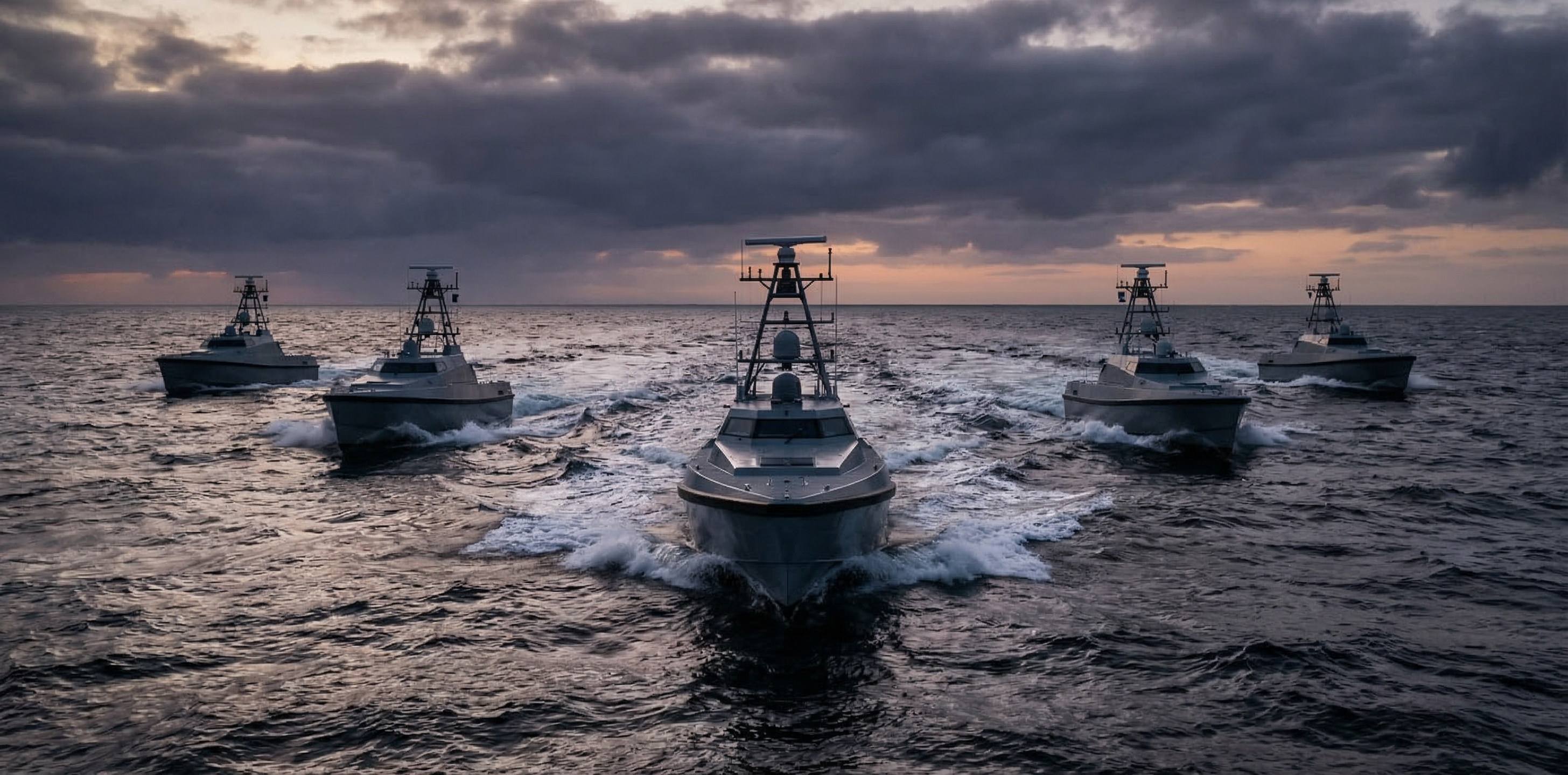 Multiple autonomous unmanned naval surface vessels in formation cutting through dark ocean waves at twilight, with sensor masts and radar equipment visible on each hull
