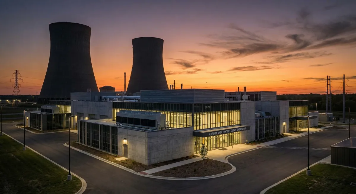 Nuclear power plant with cooling towers adjacent to data center infrastructure