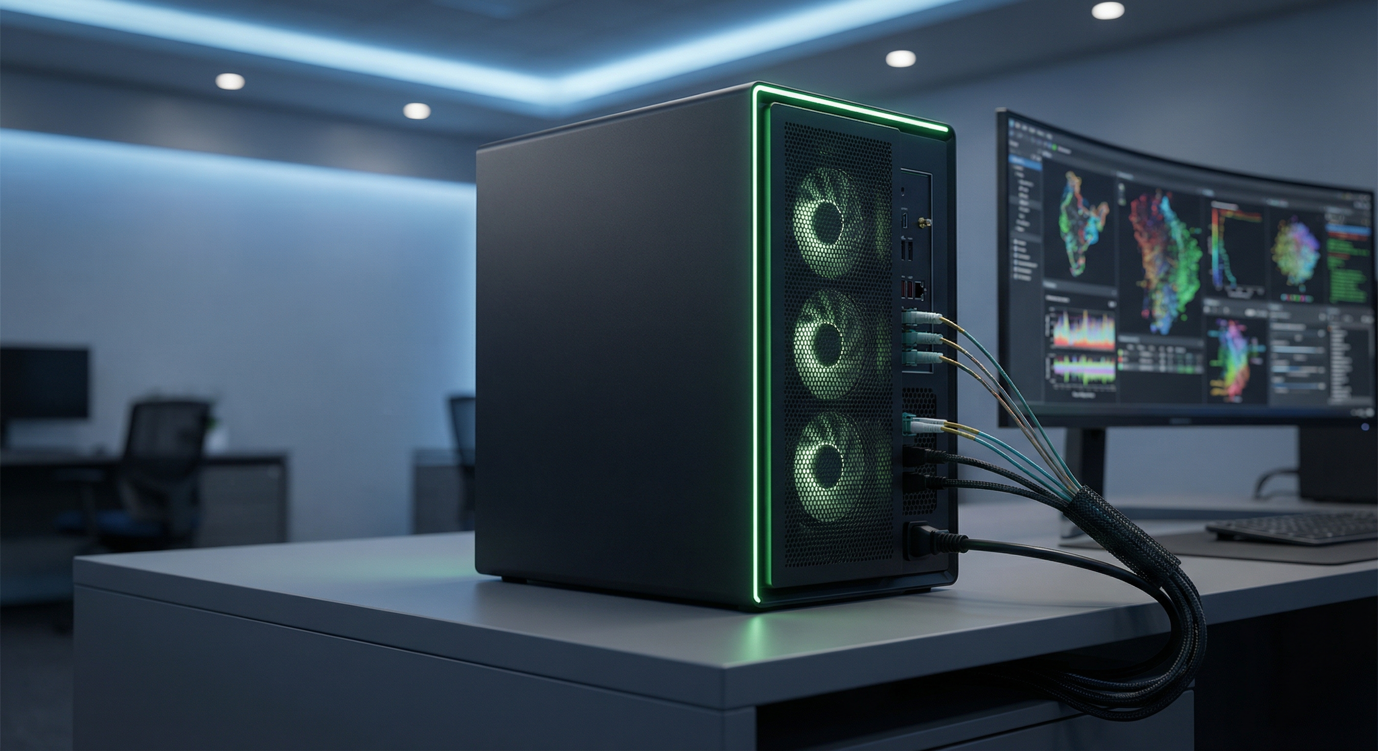 Sleek deskside AI supercomputer workstation tower with glowing green accent lighting and visible GPU cards behind a mesh side panel, connected by high-speed networking cables, on a desk in a professional office environment