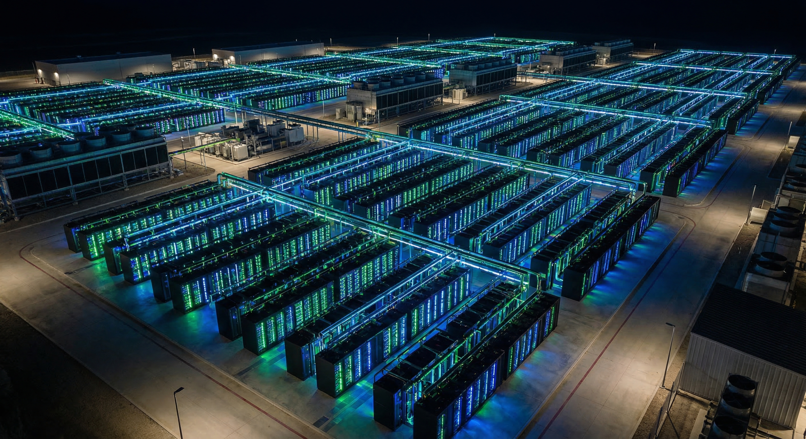 A vast array of photorealistic GPU server racks inside a futuristic data center, emerald-green and electric-blue LED lighting illuminating dense rows of liquid-cooled compute nodes stretching to the horizon, no people present
