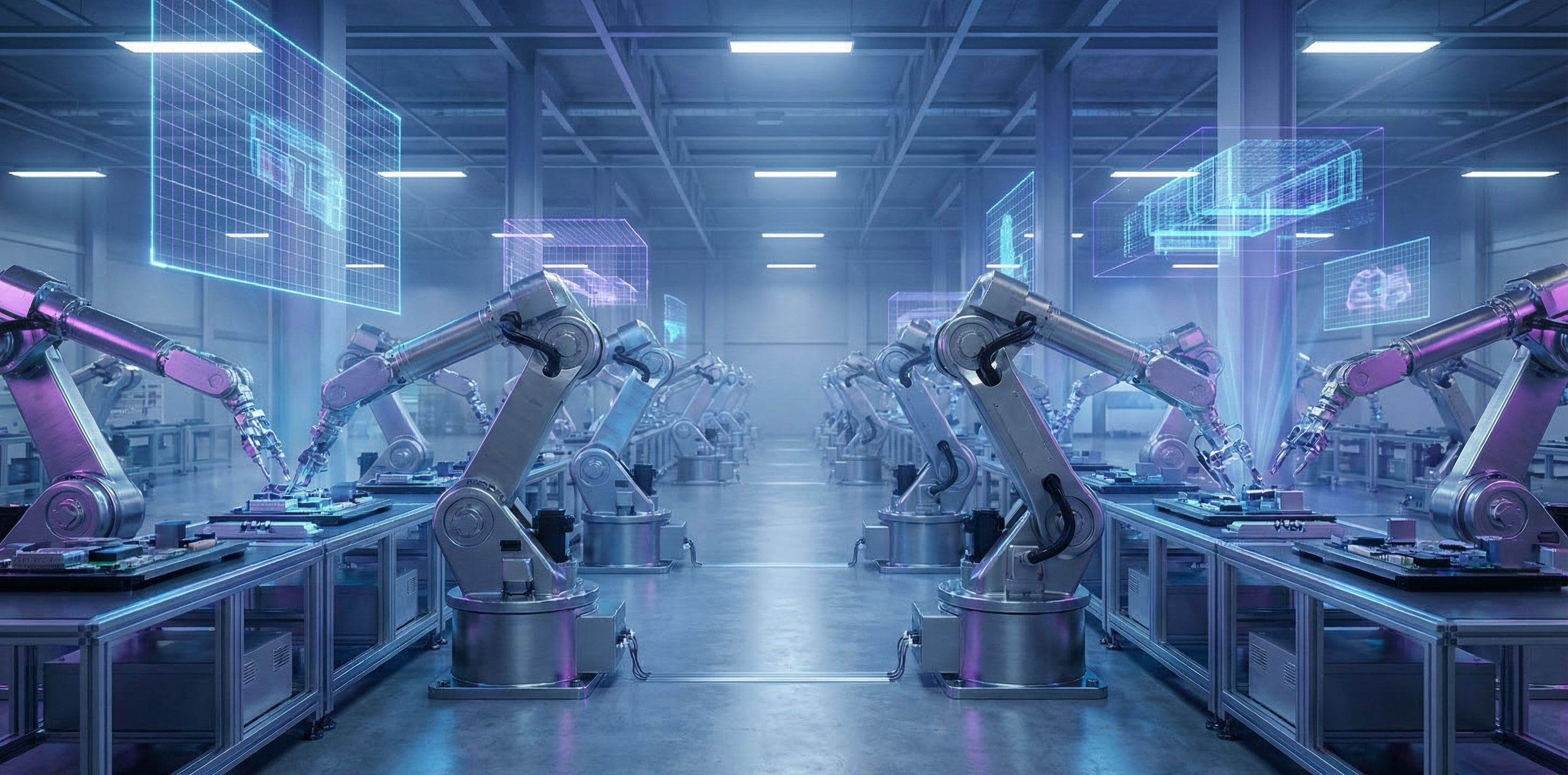 Rows of advanced industrial robotic arms performing precision assembly on a factory floor bathed in cool blue-violet lighting, with translucent holographic digital-twin overlays projected in the air above the machinery