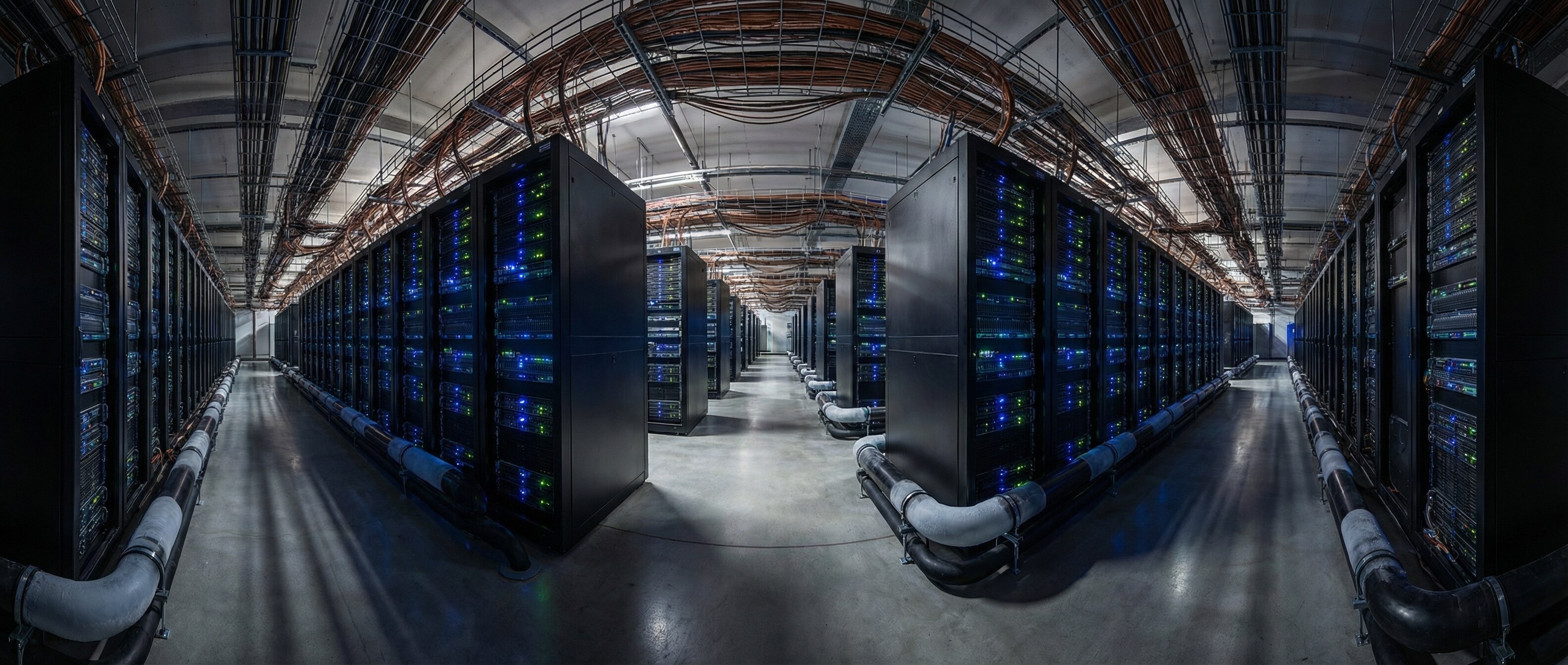 Rows of advanced AI GPU server racks illuminated in cool blue light inside a high-density data center facility
