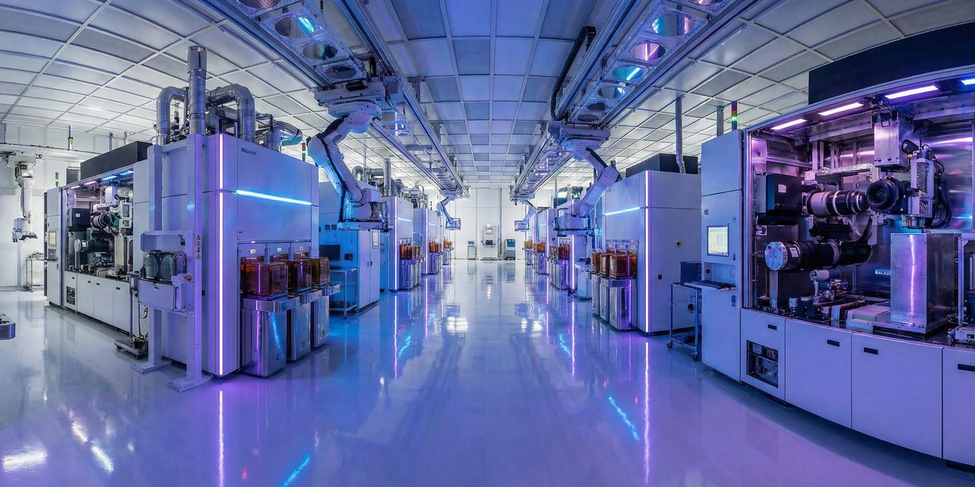 Rows of advanced semiconductor lithography machines in a blue-lit clean room facility with robotic wafer transport systems
