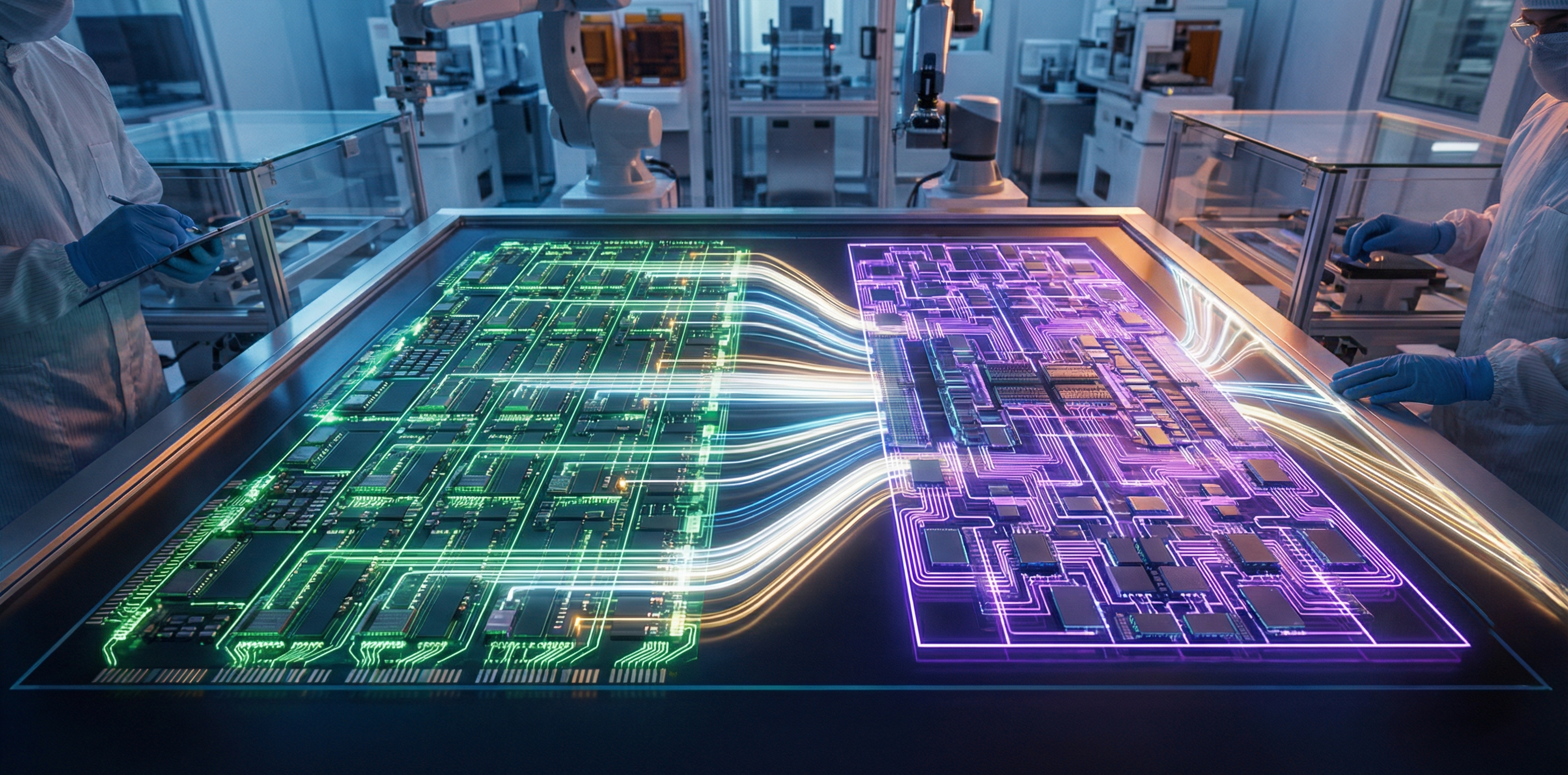 Futuristic AI chip with dual GPU and LPU inference architectures connected by blazing data pathways inside a semiconductor fab