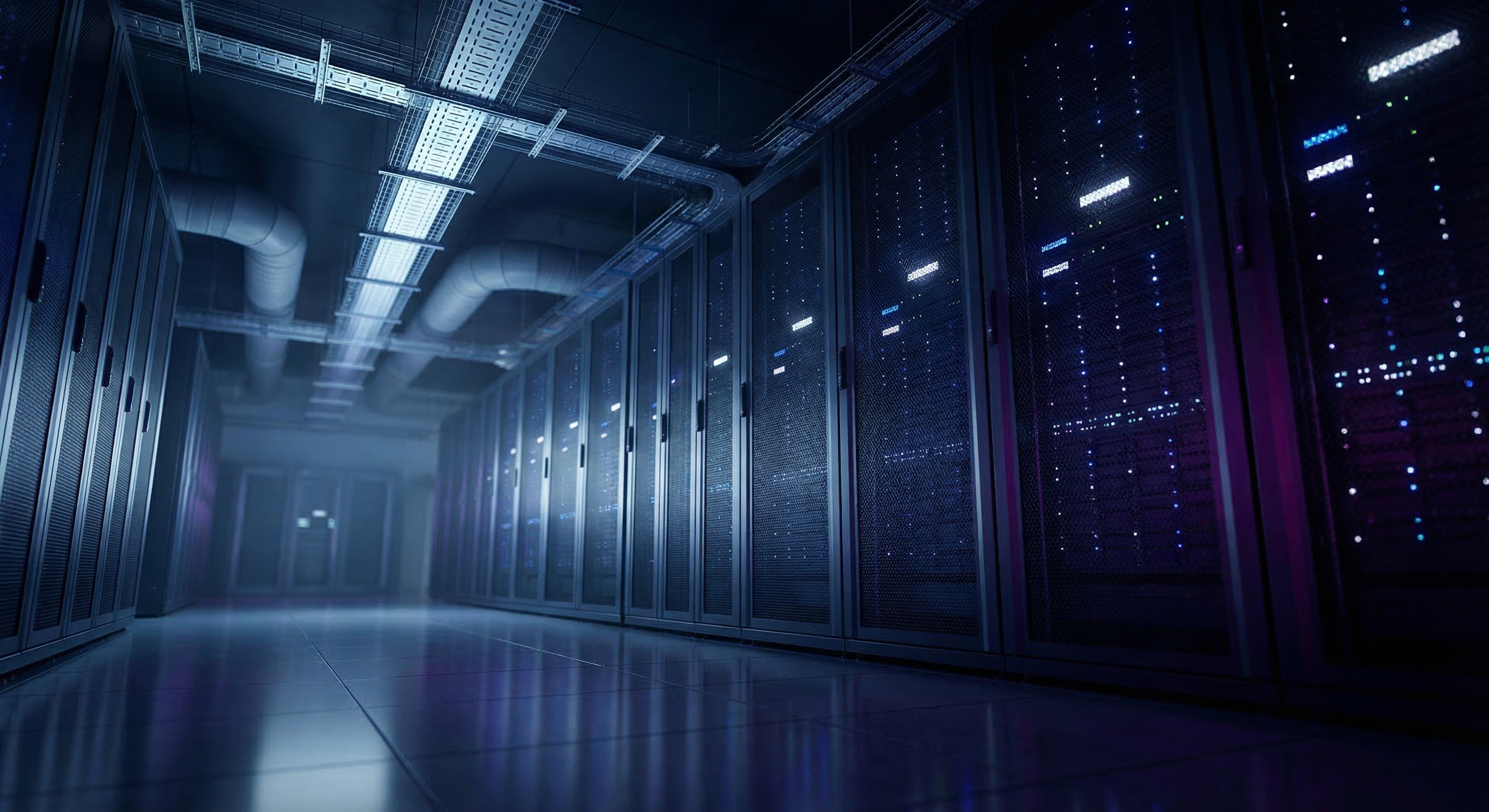 Rows of illuminated enterprise server rack cabinets stretching into the distance inside a data center, lit by blue, white, and purple LED accent lighting reflecting off a polished floor