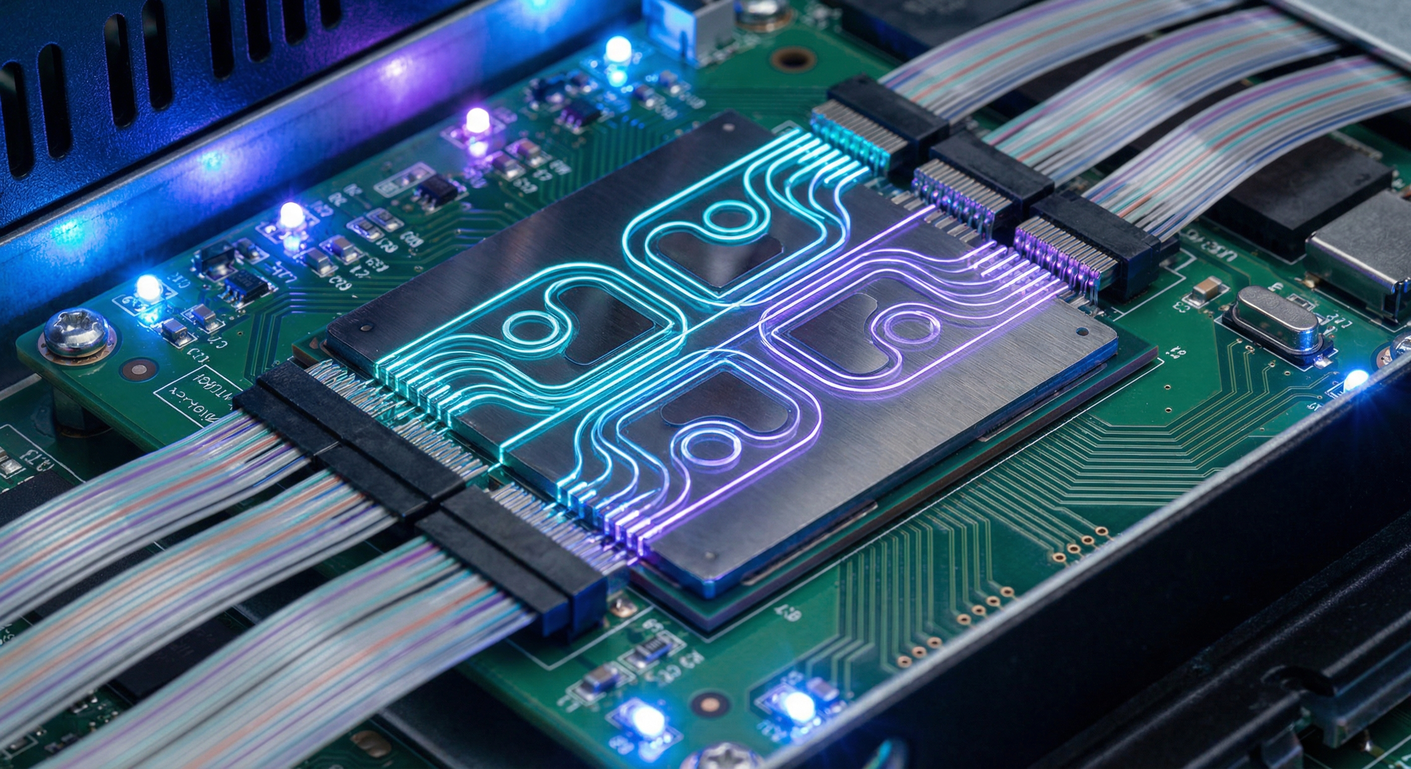 Intricate optical fiber bundles and photonic integrated circuit components glowing with cyan and violet light inside a data center rack