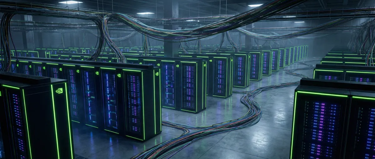 Rows of glowing GPU server racks inside a large-scale AI data center