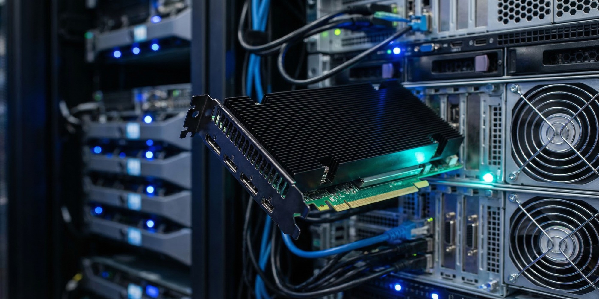 Single-slot enterprise server GPU installed in a dark data center rack with blue LED lighting illuminating circuit board components