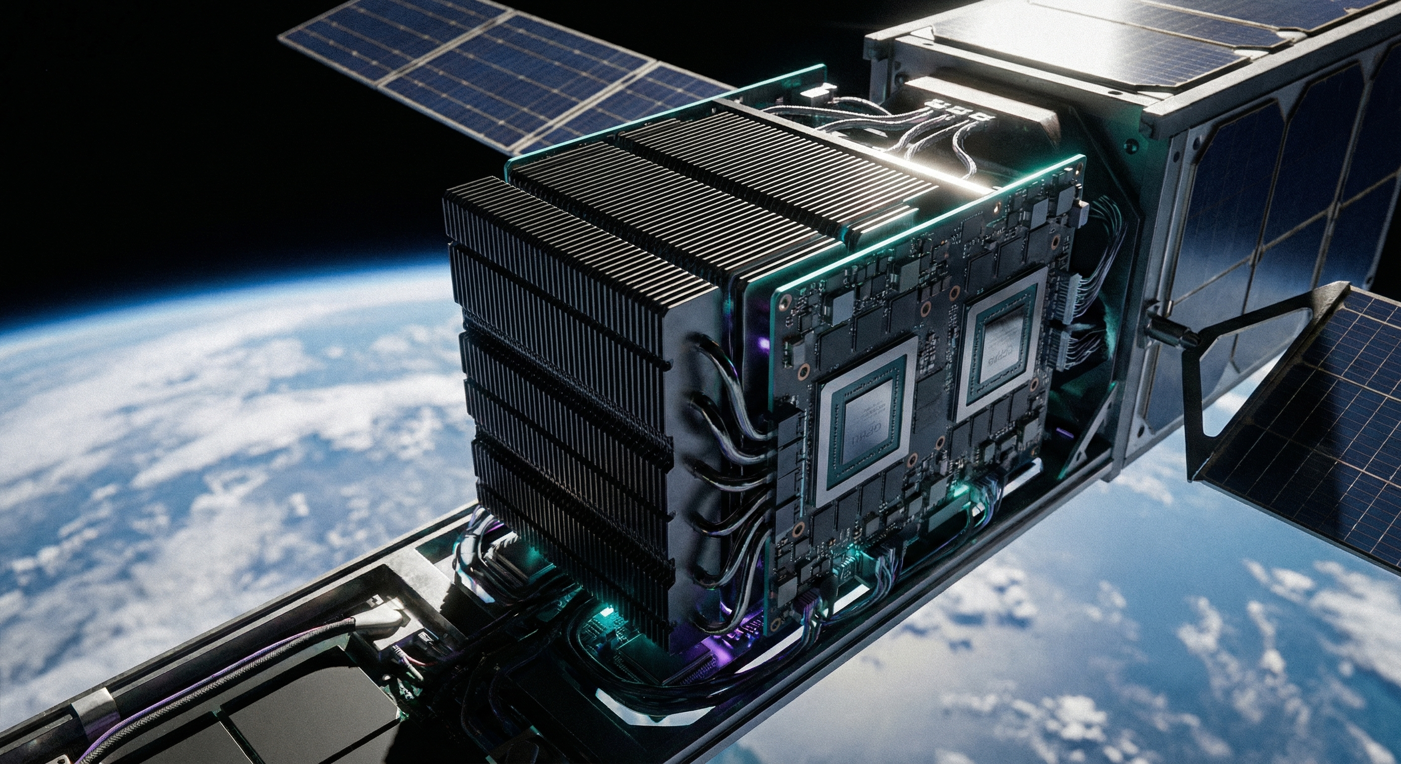 A compact AI computing module mounted inside a satellite chassis in low Earth orbit, surrounded by solar panels and antenna arrays against the curvature of Earth below