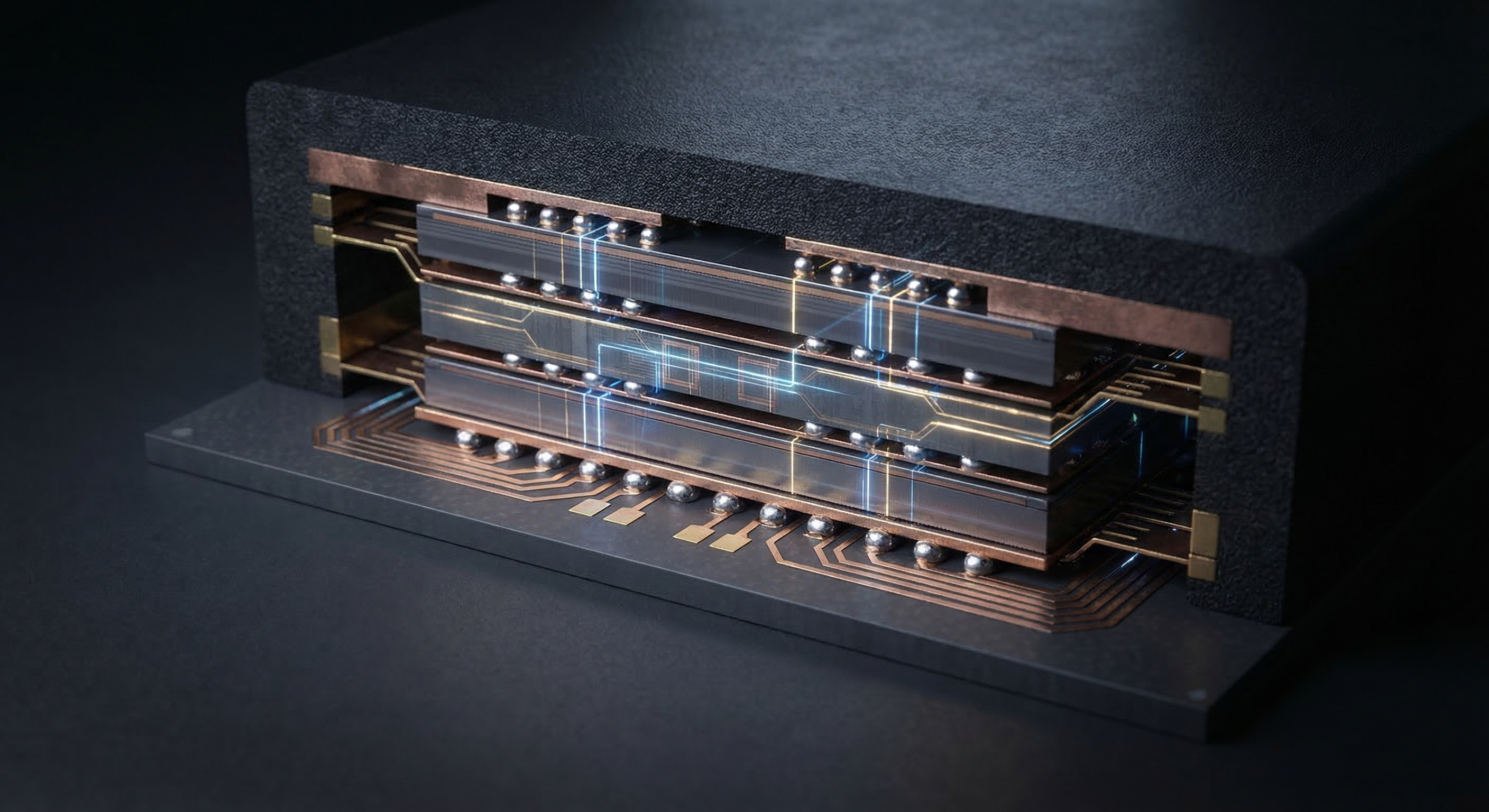 Stacked HBM4 memory chips arranged on a dark semiconductor substrate with glowing copper interconnects and blue circuit traces