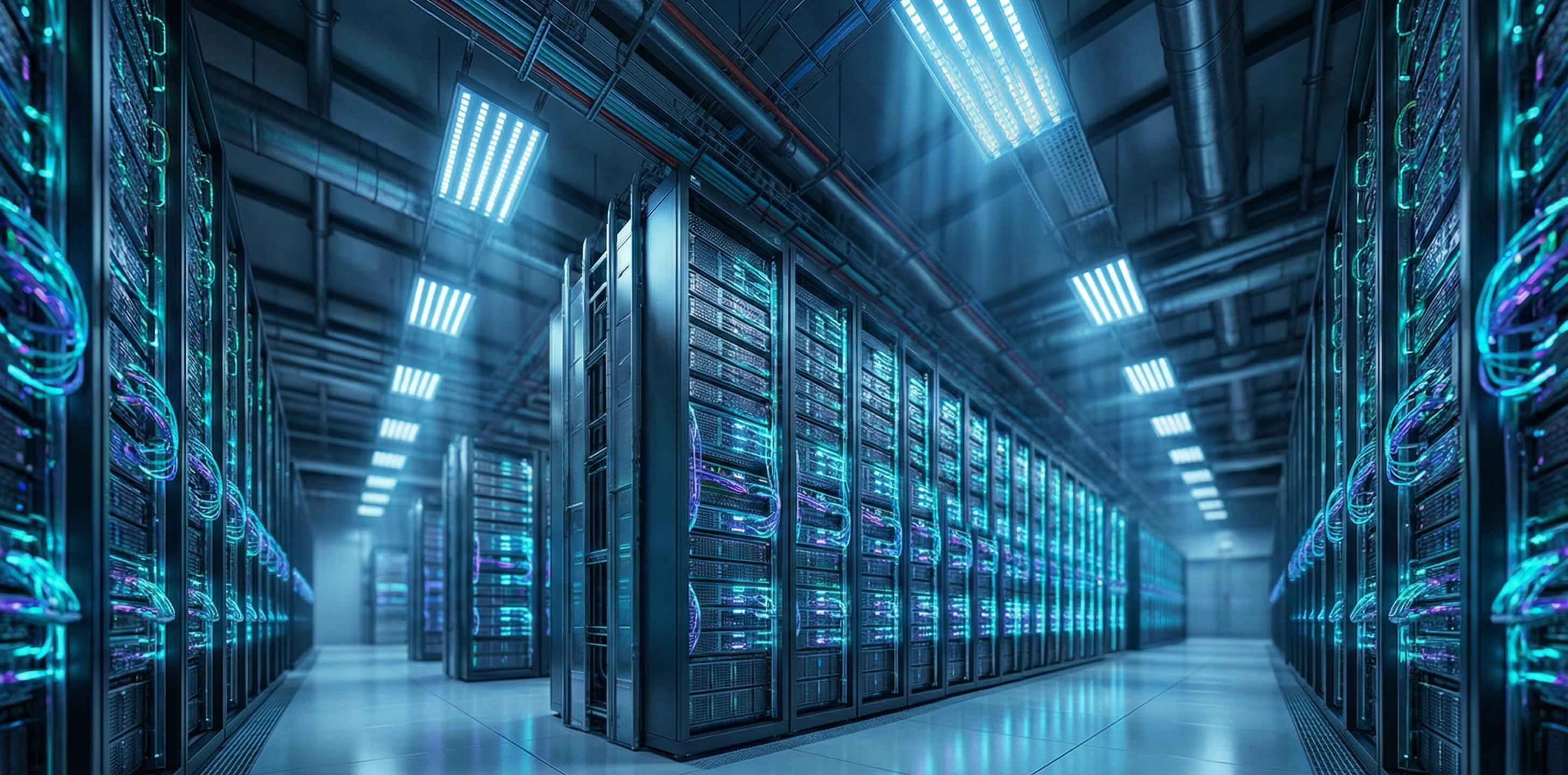 Densely packed rows of glowing GPU server racks inside a massive AI factory data center — NVIDIA Vera Rubin NVL72 infrastructure