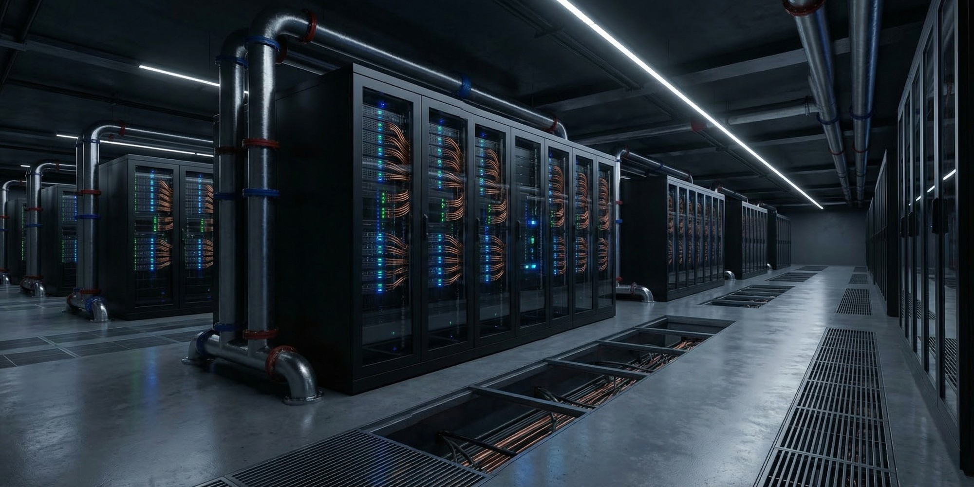 Rows of massive liquid-cooled server racks inside a high-density AI data center, glowing with status lights and connected by dense copper cable infrastructure