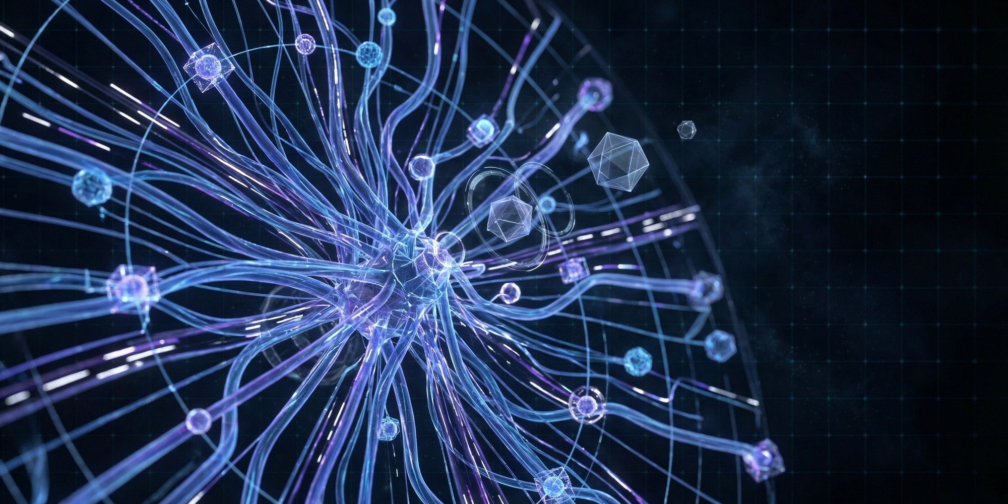 Glowing circuit pathways forming a radial network structure representing interconnected AI processing nodes against a dark background