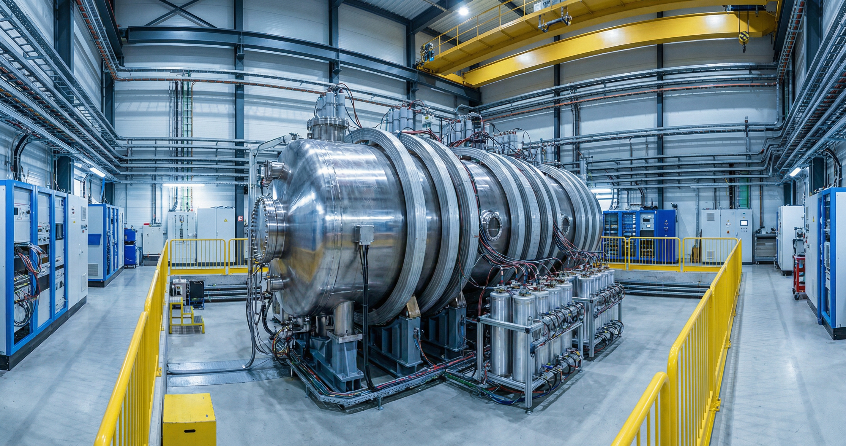 Interior of a large experimental fusion energy laboratory with a cylindrical plasma containment device surrounded by electromagnetic coils, capacitor banks, and diagnostic equipment