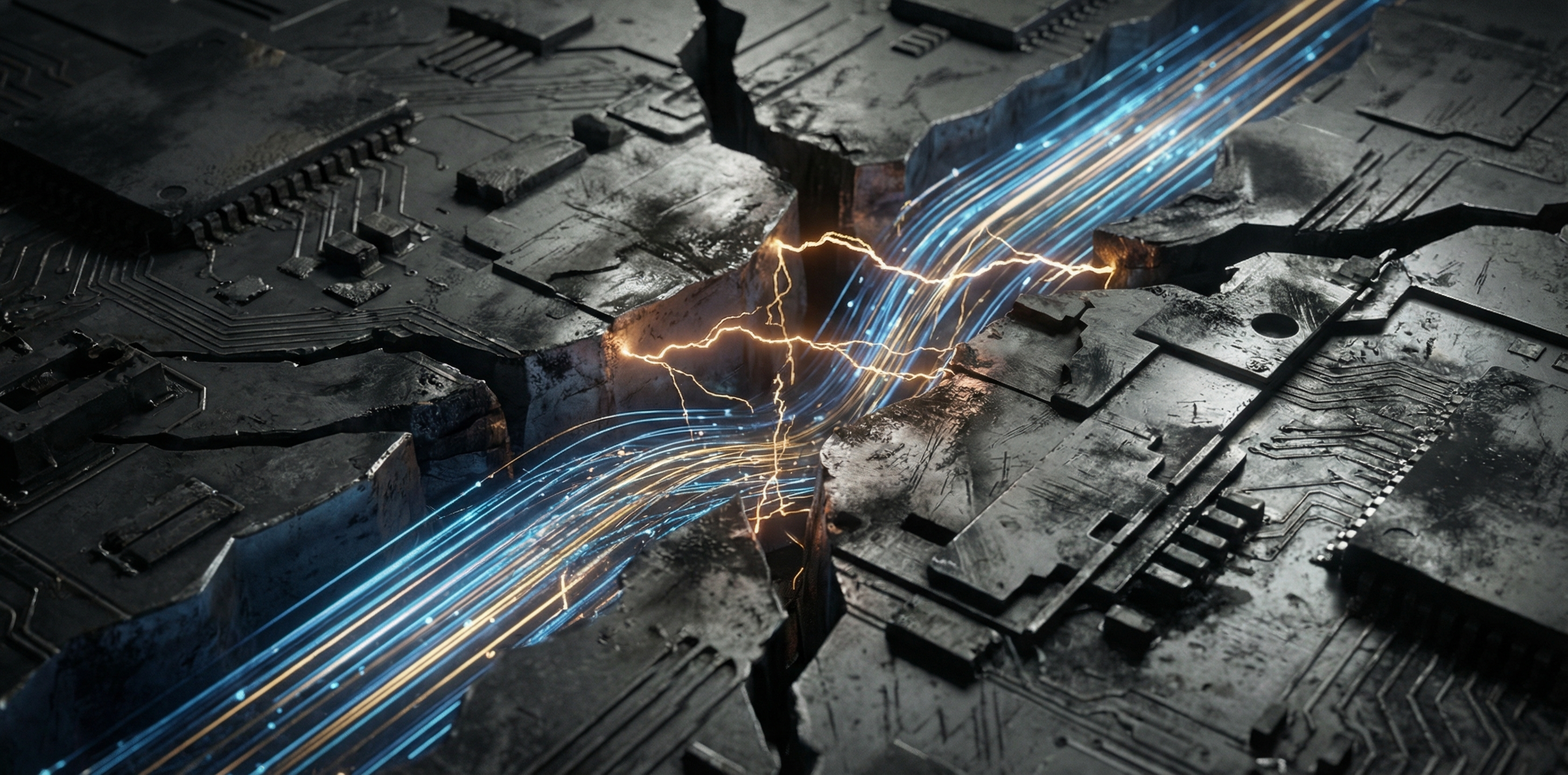 Fractured dark titanium circuit board surface with glowing electric blue and gold data streams splitting apart at a central fracture point, sparks arcing across the break