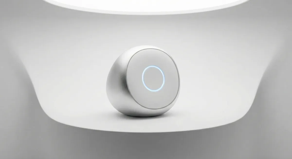 A conceptual image of OpenAI's leaked hardware device, highlighting a sleek, minimalist design with a subtle glow, hinting at advanced AI capabilities.