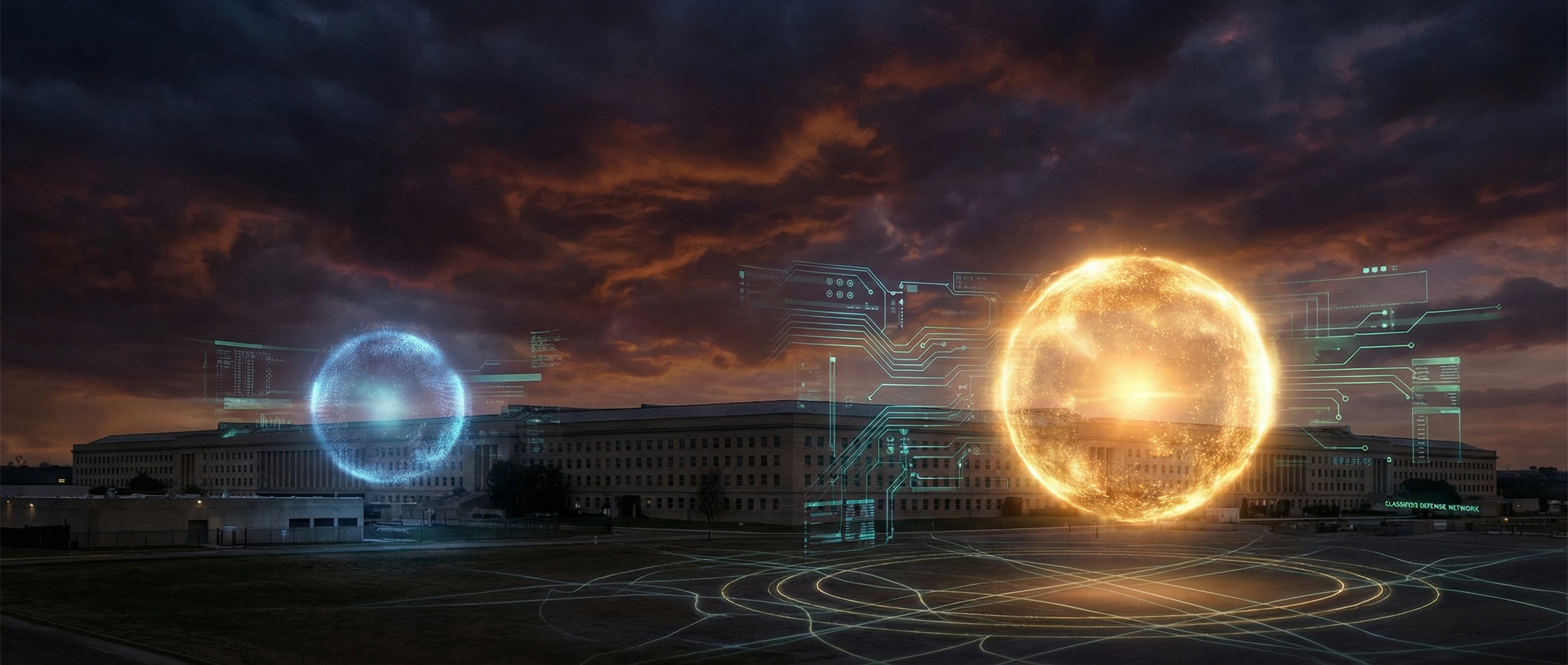 Pentagon building at dusk with holographic AI network overlays — OpenAI Pentagon deal after Anthropic blacklist 2026