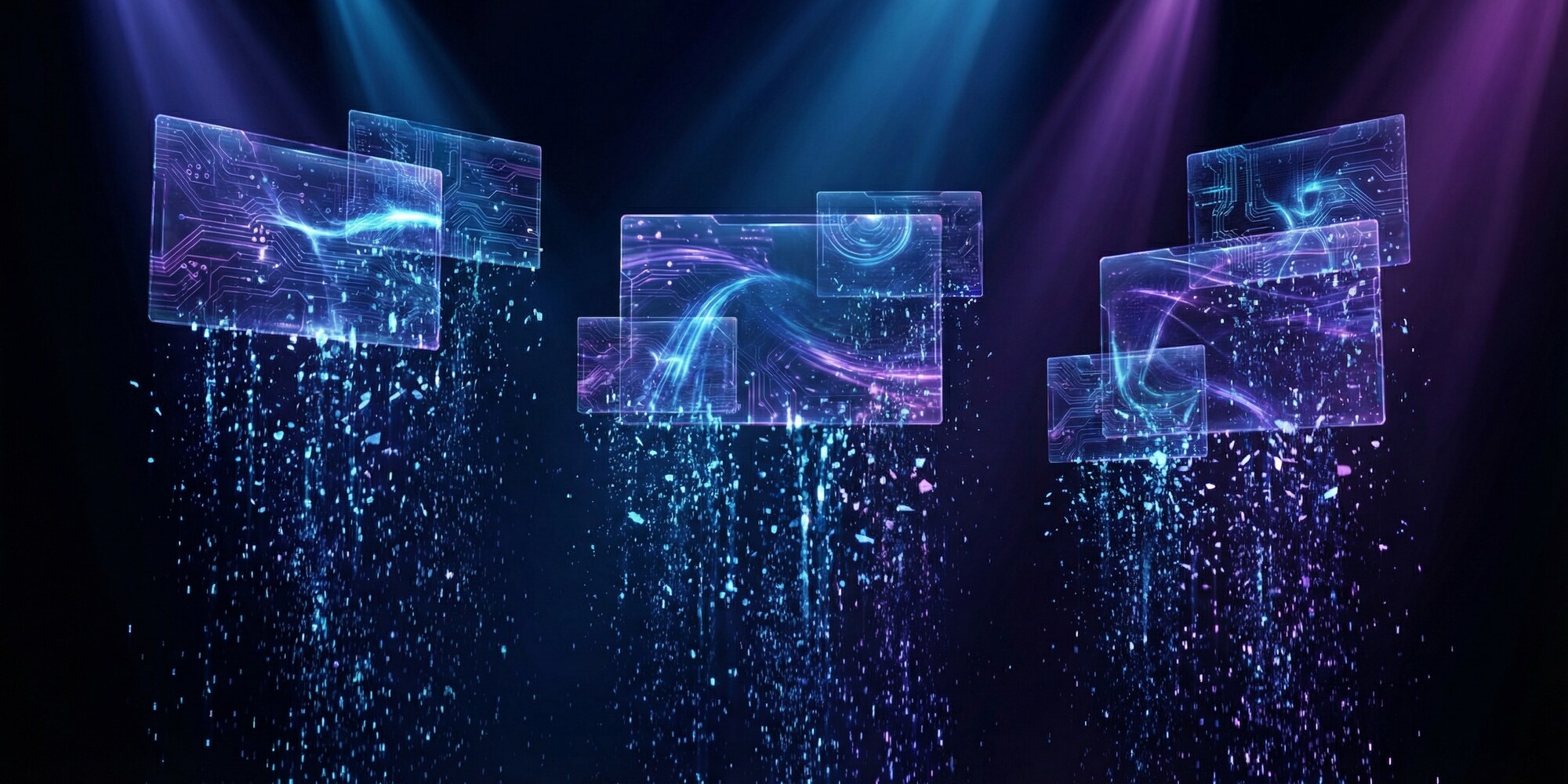 Holographic film frames dissolving into cascading blue and violet data pixel streams in a dark cinematic digital space