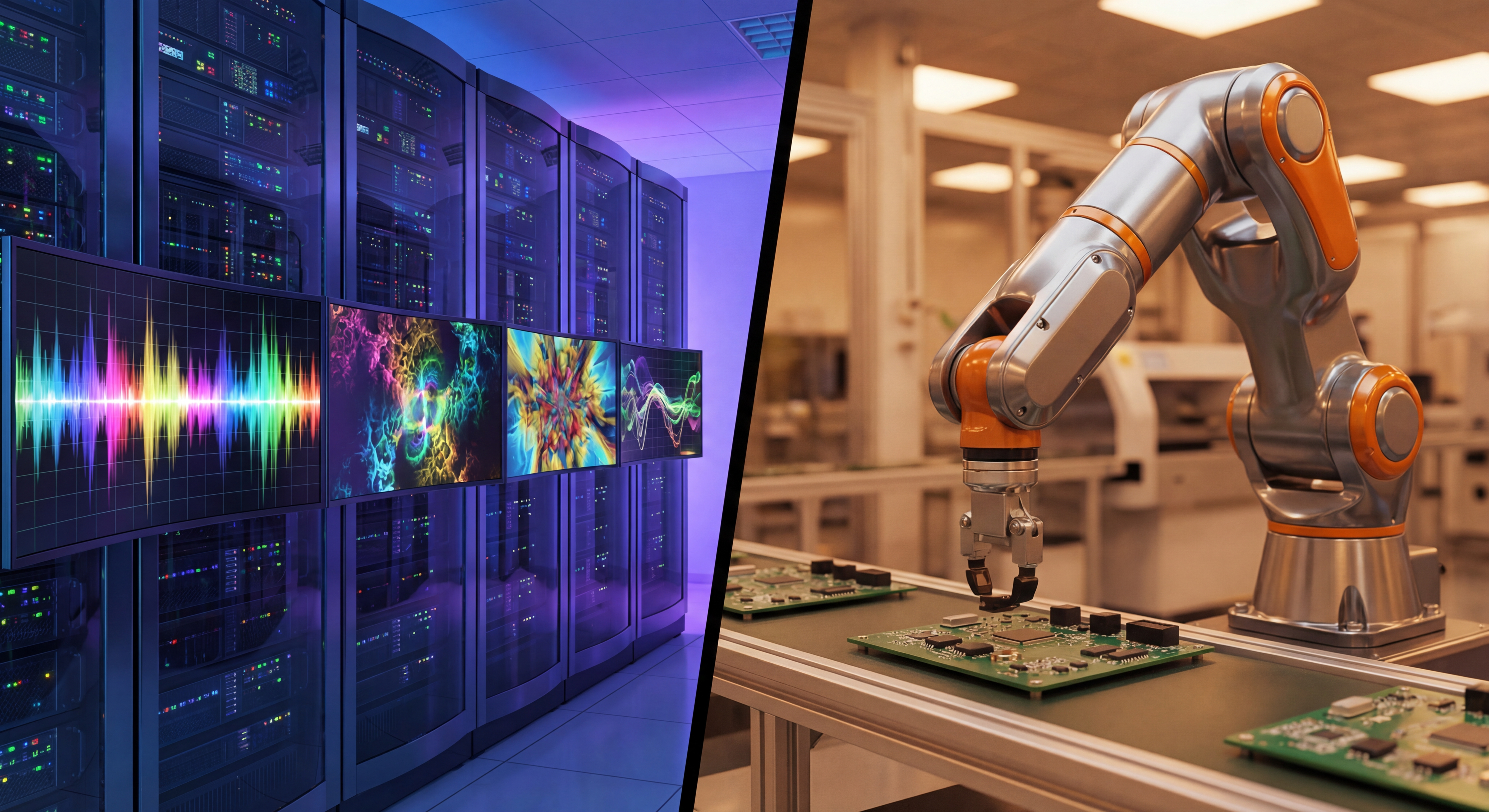 Split image showing AI video generation server infrastructure transitioning to industrial robotic arm assembly, representing OpenAI's strategic pivot from consumer entertainment to physical world AI