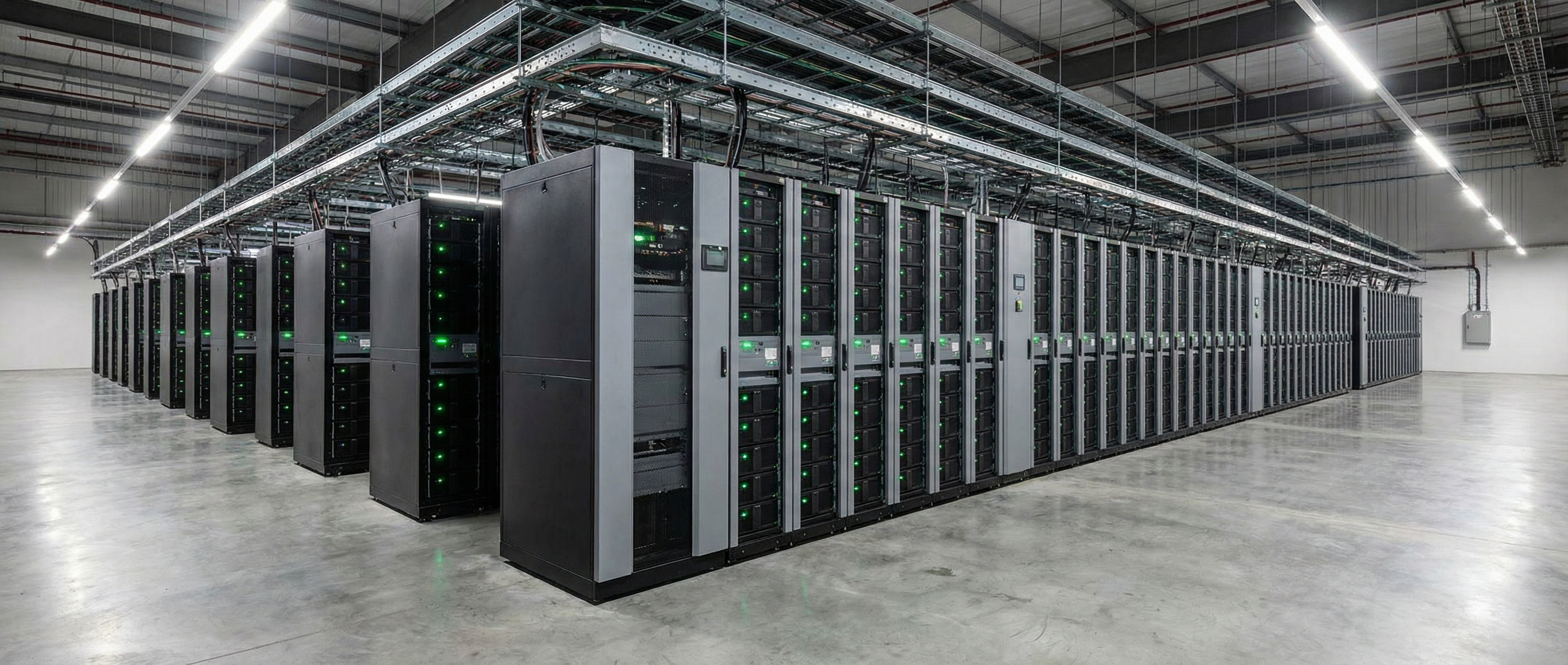 Rows of tall modular lithium-ion battery cabinet enclosures with green status LED indicators inside a large industrial data center UPS room with overhead cable management trays