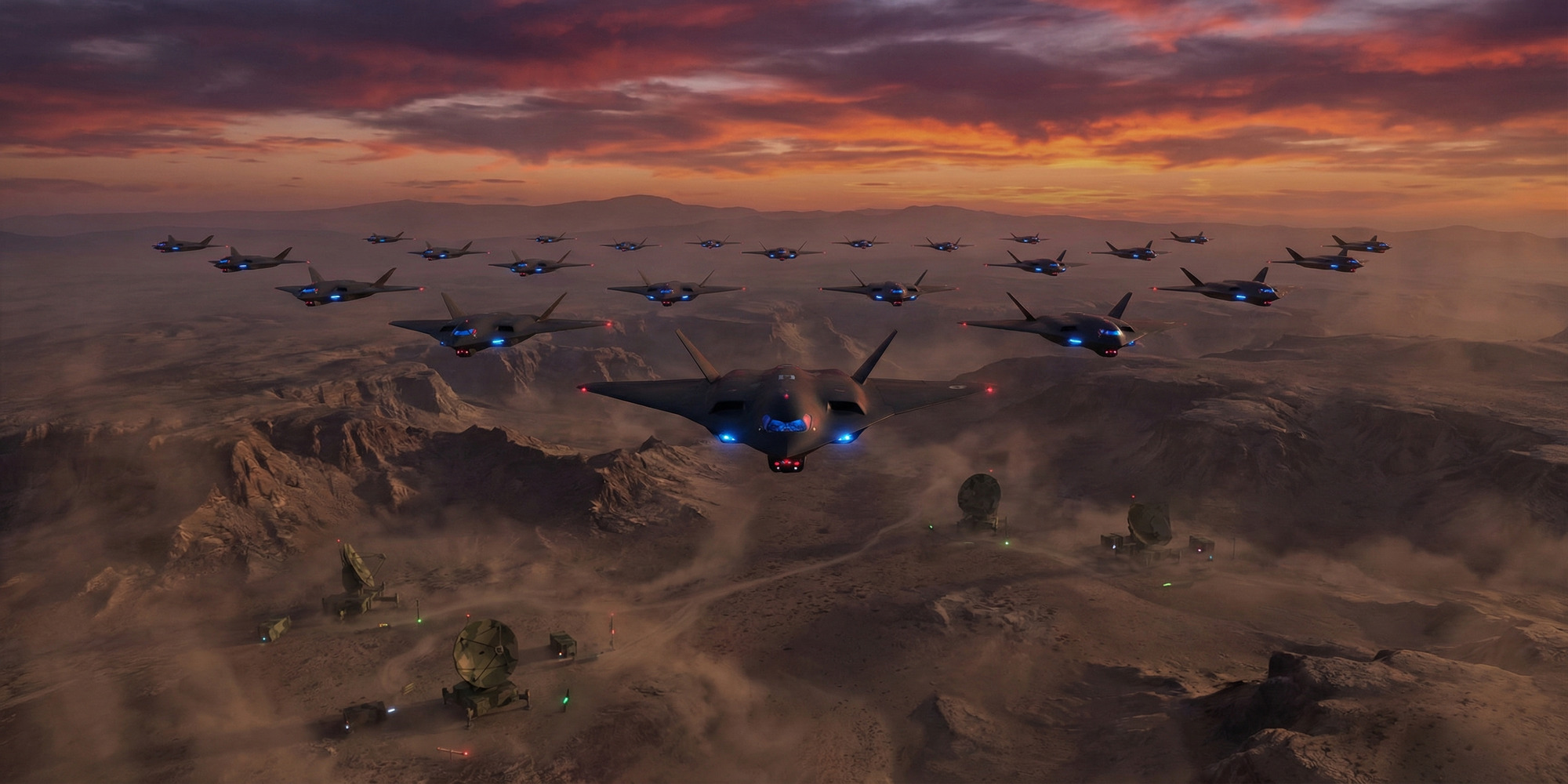 Formation of autonomous military drones flying over an arid desert landscape at dusk, with radar arrays and targeting installations below