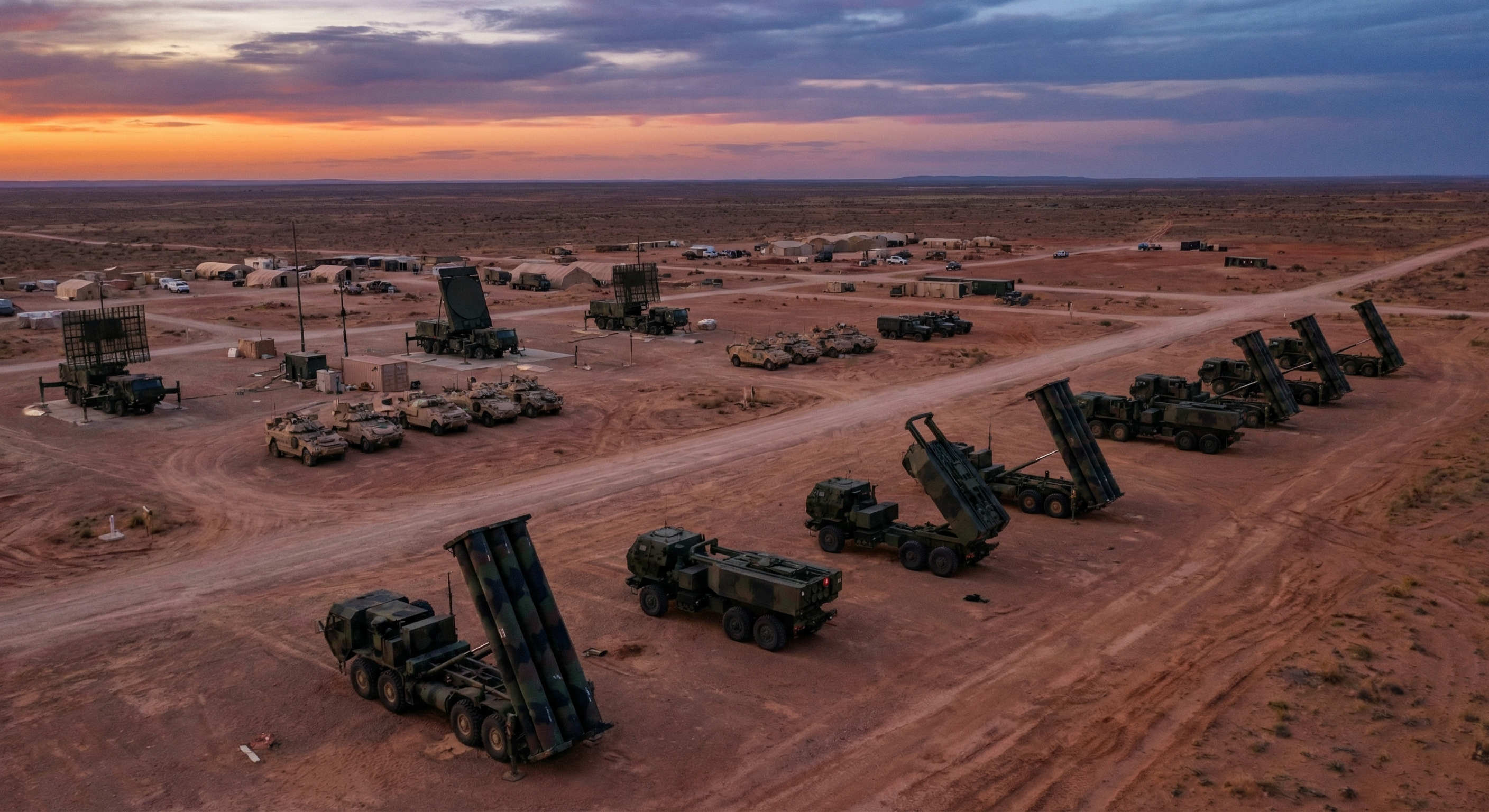 THAAD missile defense launchers and HIMARS rocket artillery systems deployed in desert terrain at dusk with radar arrays and command vehicles