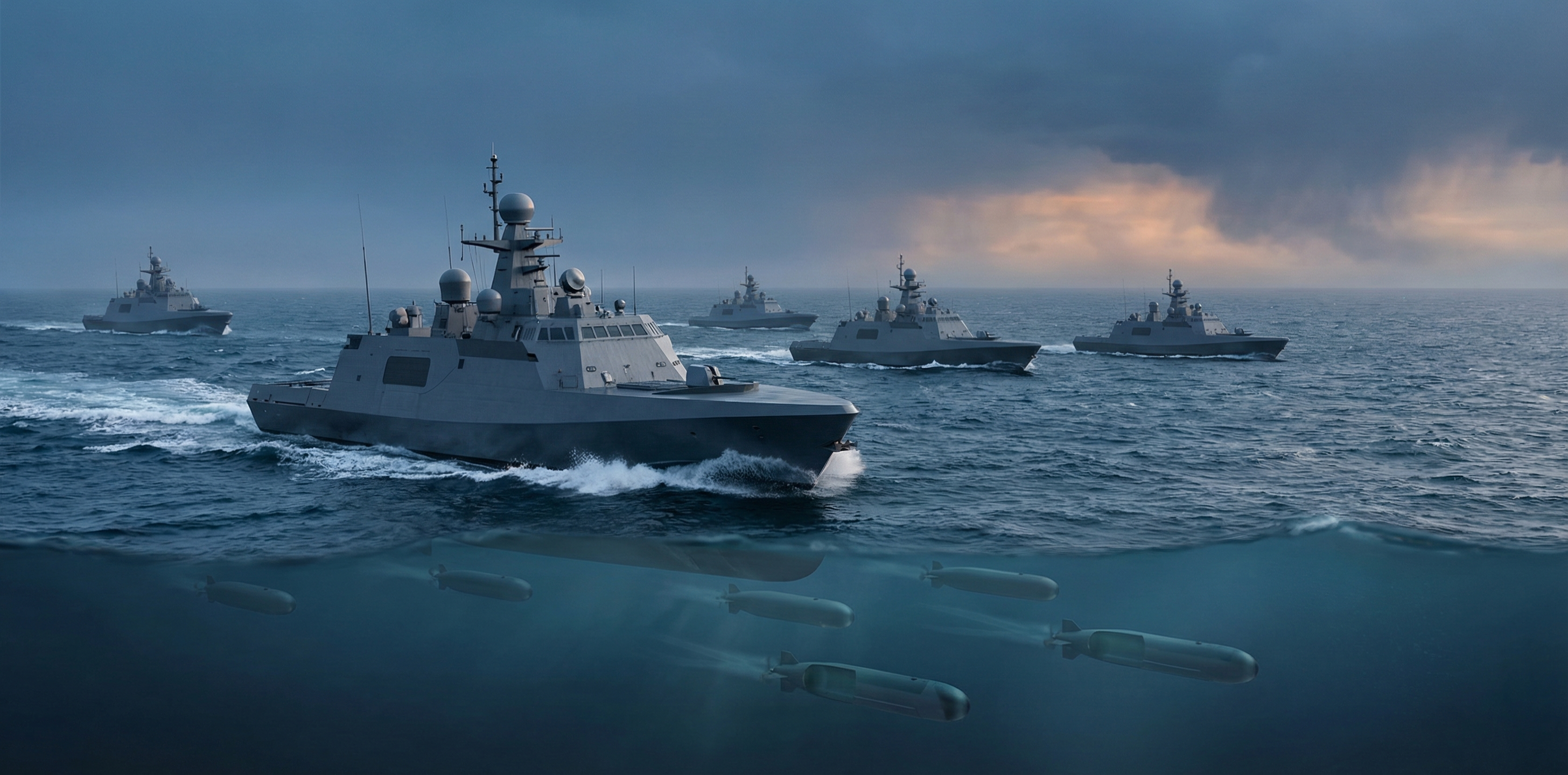Fleet of autonomous naval drones and unmanned surface vessels at sea, with underwater drone platforms visible beneath the waves
