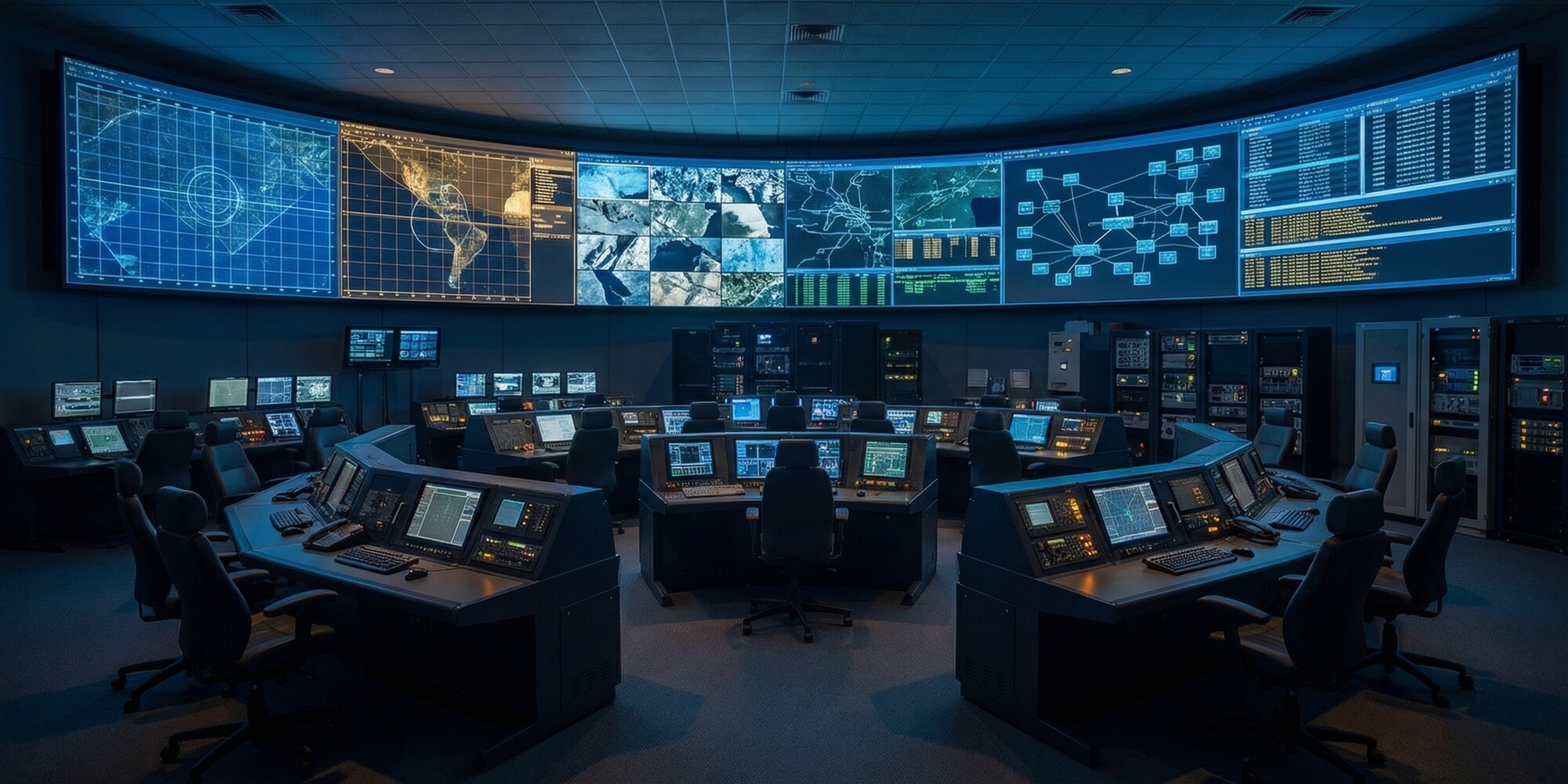 A vast military operations center with curved arrays of dark tactical displays illuminated by deep blue and amber data overlays, banks of sensor feeds and targeting grids glowing in the dark, no personnel visible