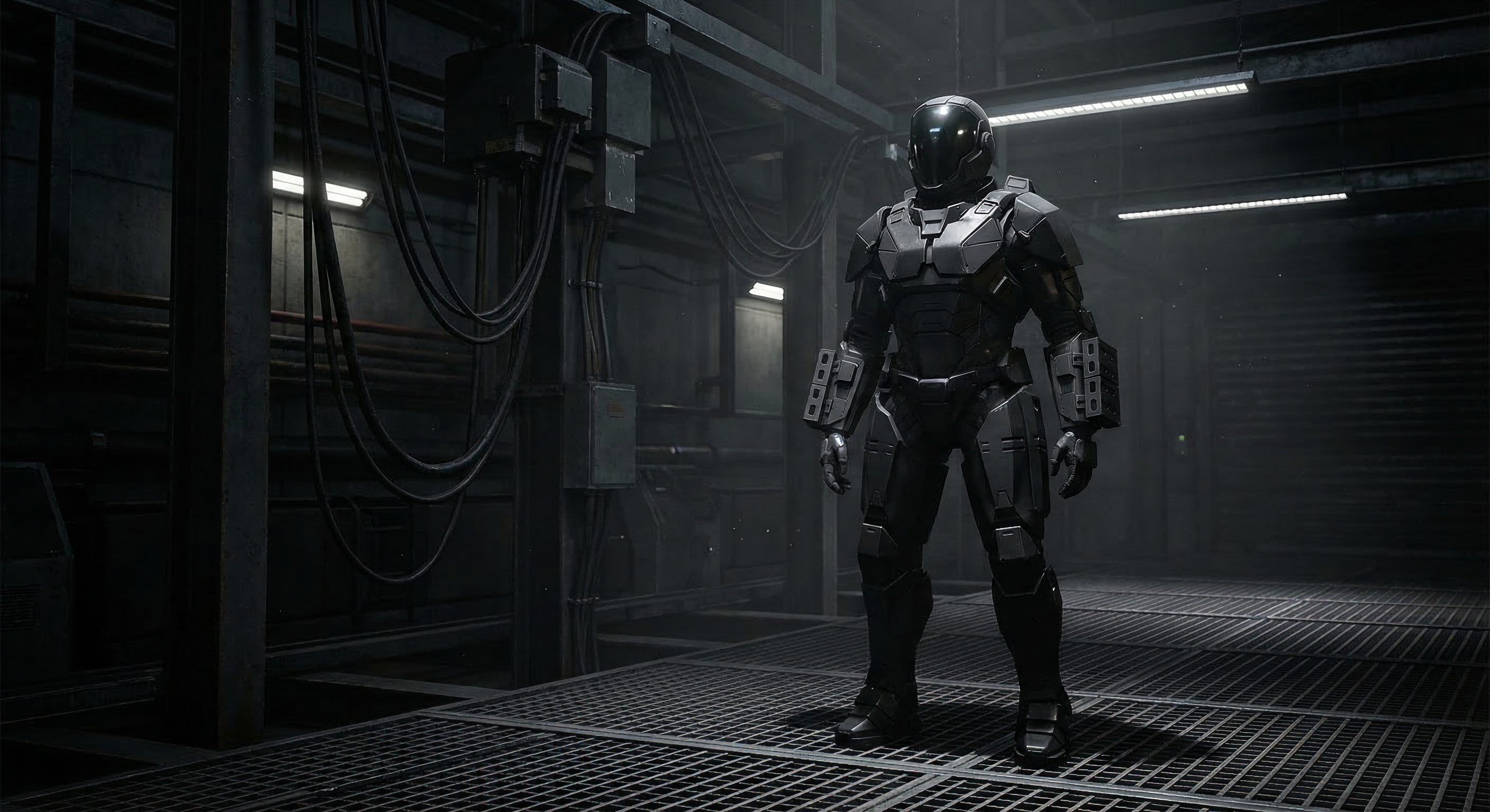 A sleek black armored military humanoid robot standing in an industrial facility with dramatic overhead lighting and steel grating