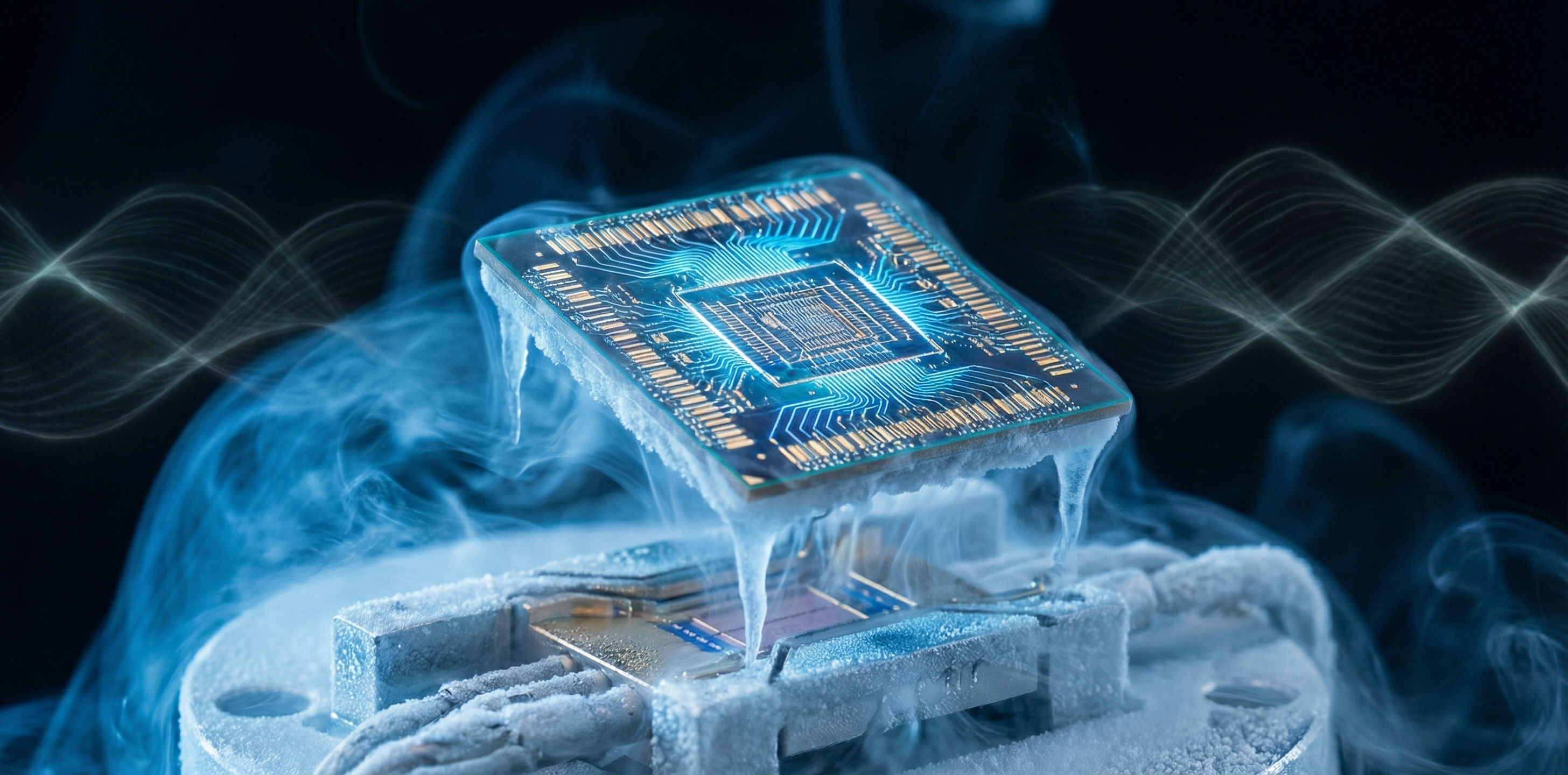 Glowing quantum processor chip suspended in cryogenic mist representing quantum computing breakthroughs February 2026