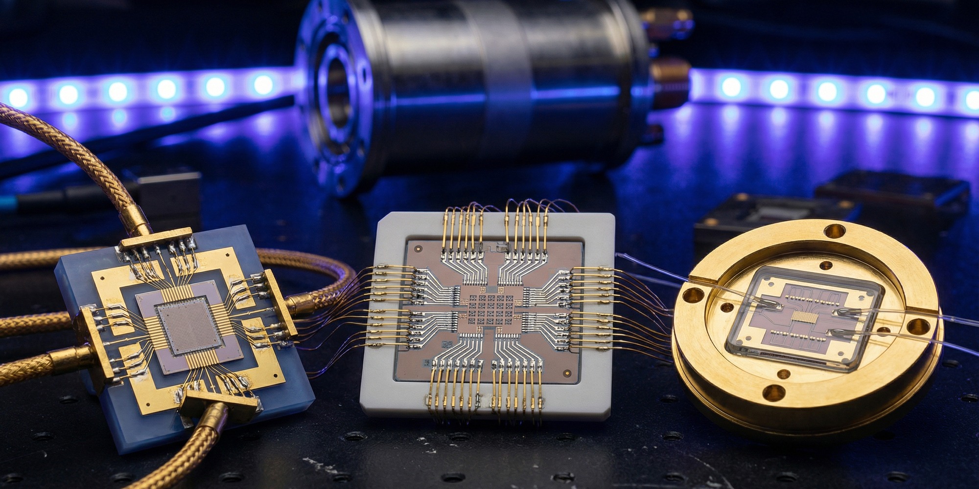 Three cryogenic quantum processor modules connected by gold wiring on a dark lab bench with a dilution refrigerator in the background