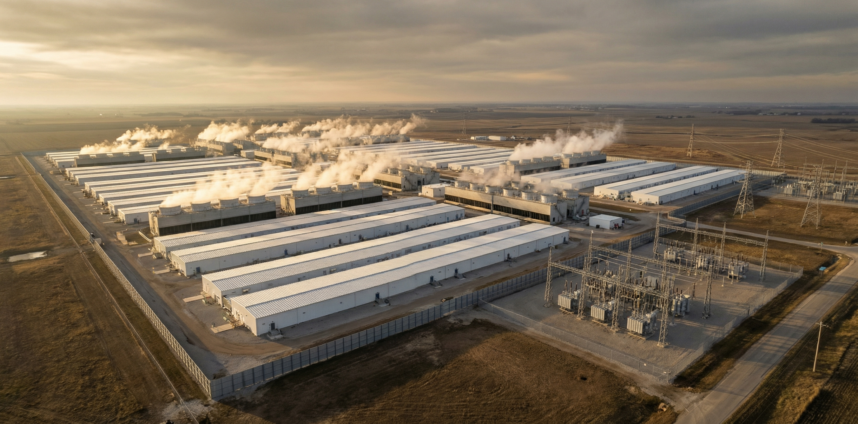 Aerial view of a large AI data center complex in a rural American landscape with power transmission lines and cooling towers under dramatic overcast skies