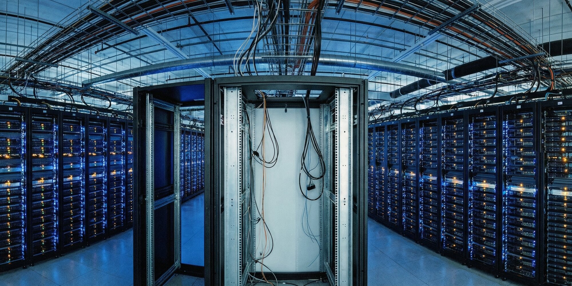 Massive AI data center server hall with rows of active racks and one empty bay awaiting hardware installation, blue ambient lighting