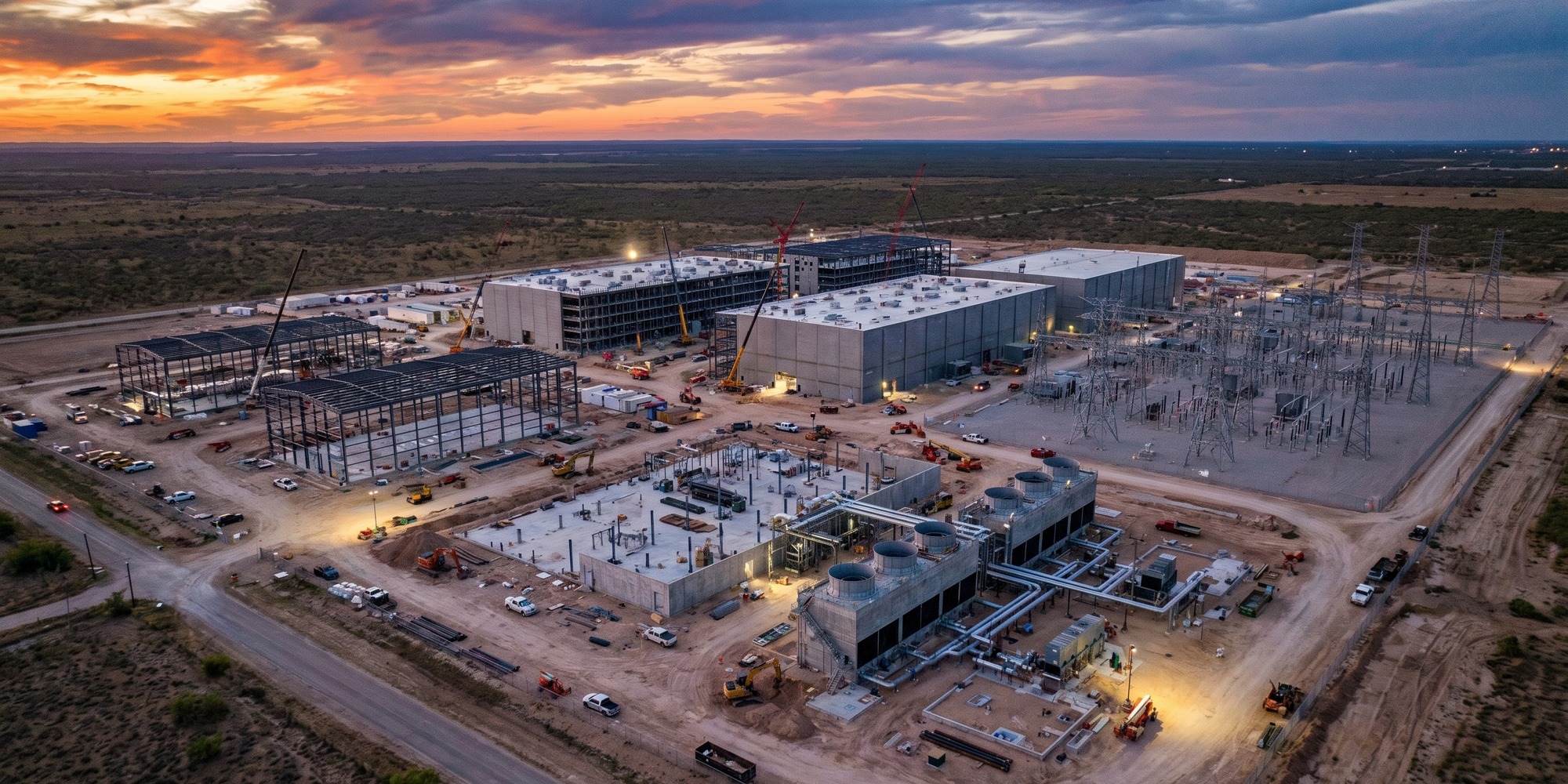 A sprawling AI data center campus with high-voltage substations, transmission lines, and multiple server halls under construction at dusk