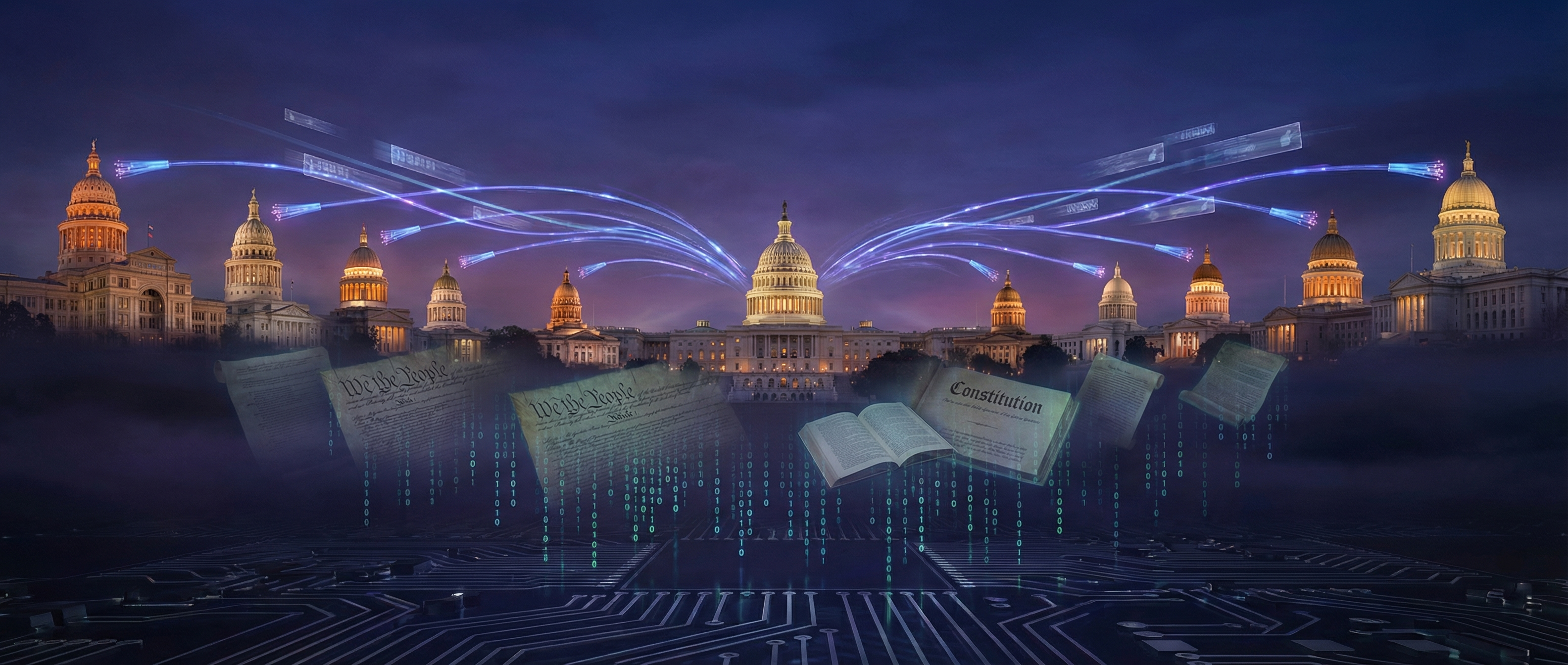 A panoramic view of multiple state capitol domes at night with digital network lines and glowing data nodes connecting them across a dark sky