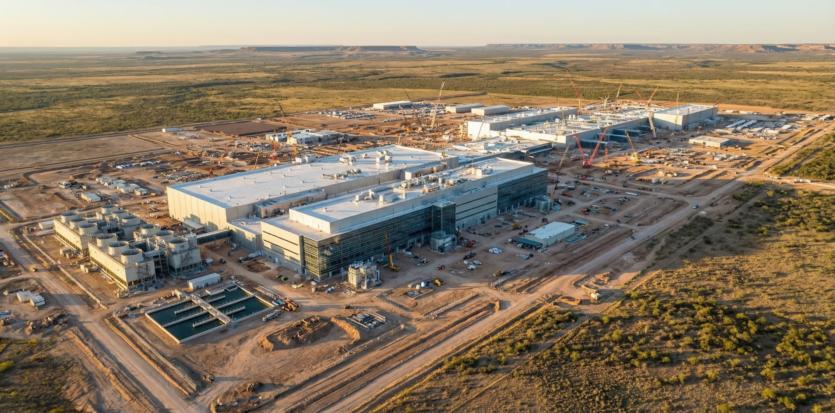 Aerial view of a massive semiconductor chip fabrication facility under construction in a flat desert landscape with gleaming industrial buildings, HVAC towers, and cranes
