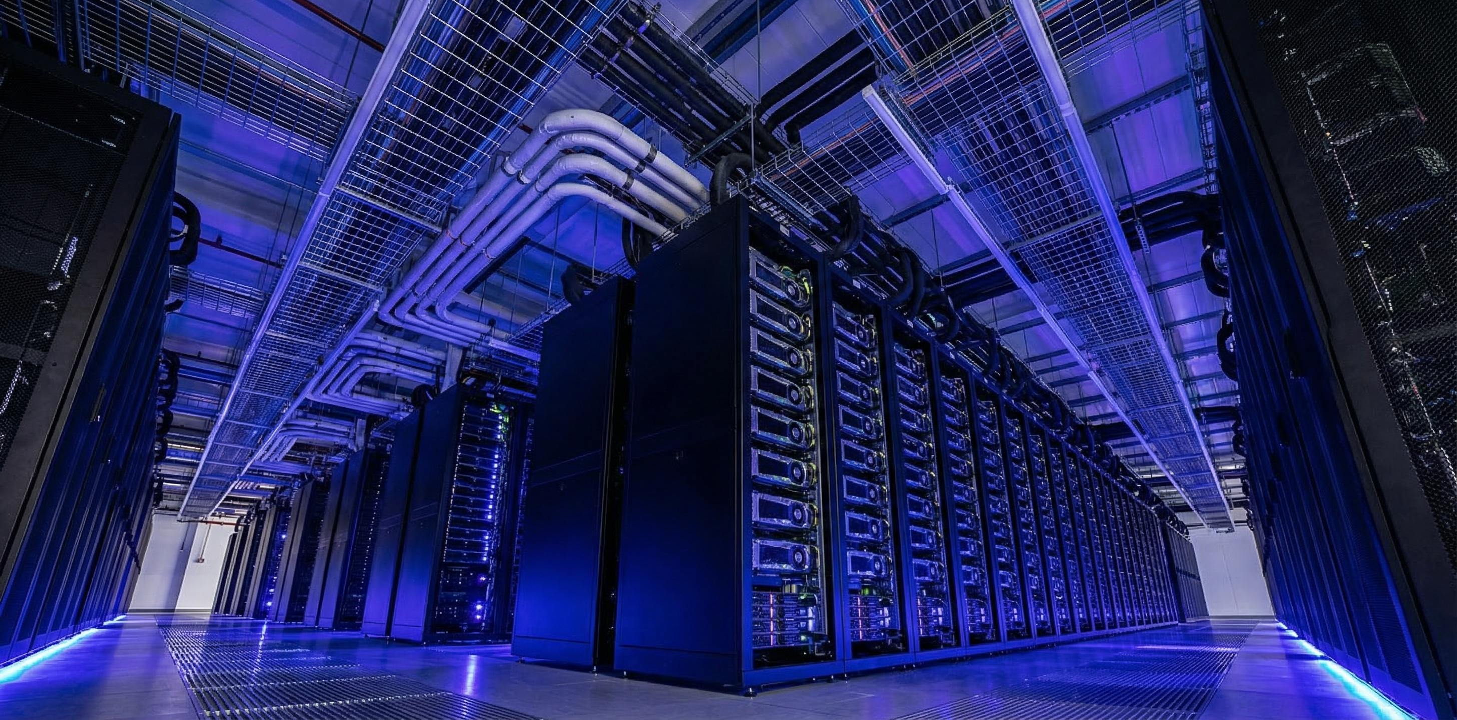 Rows of AI GPU server racks in a hyperscale data center with blue and purple lighting stretching into the distance