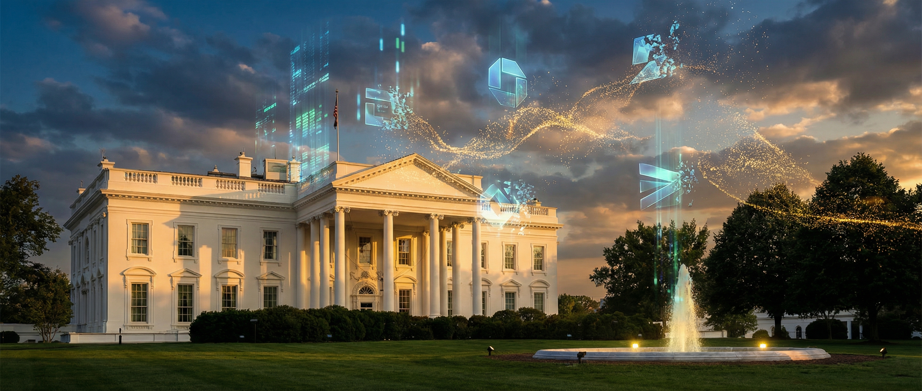 White House exterior at dusk with digital data streams and corporate logos dissolving in the air