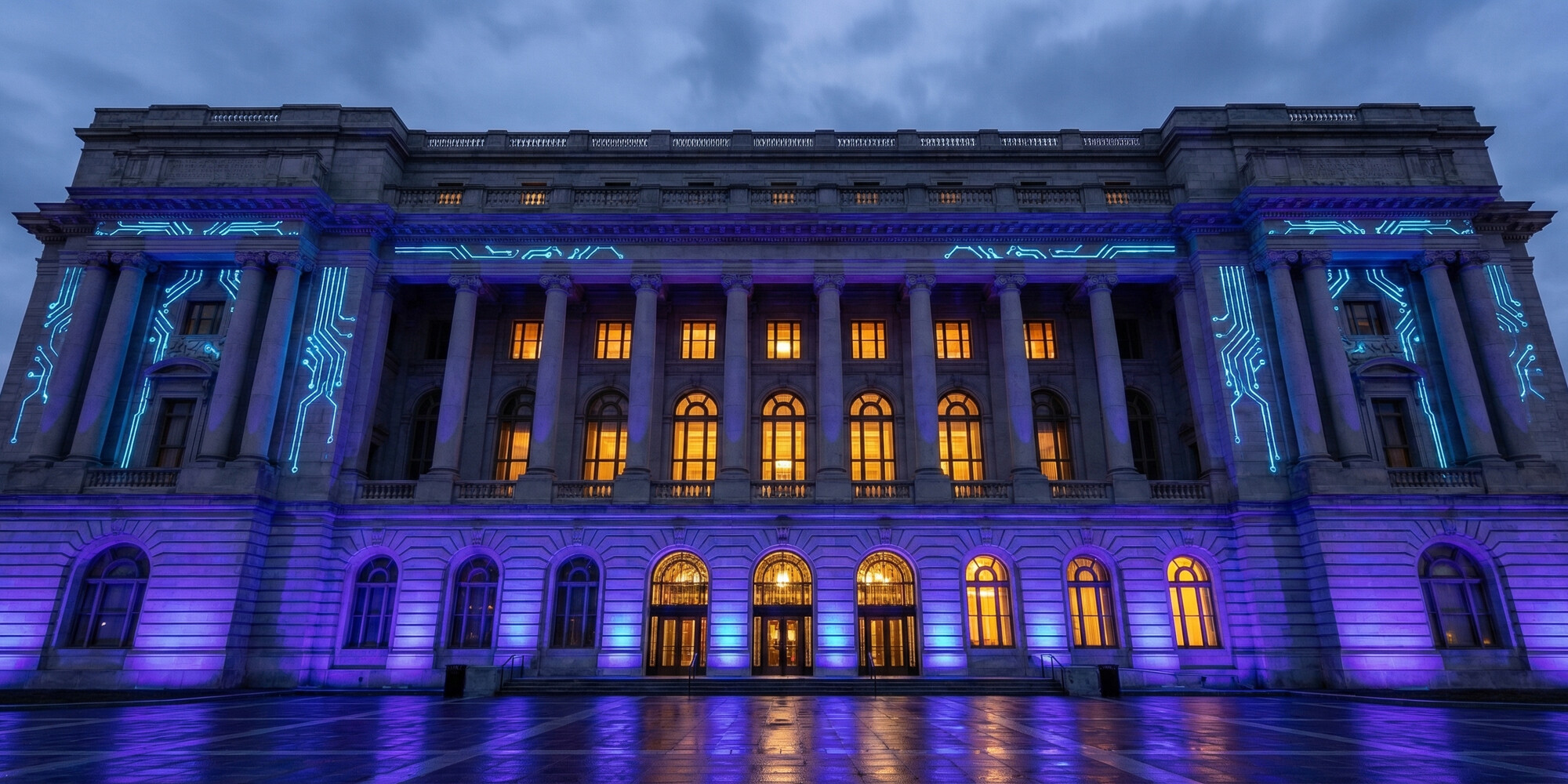 A grand neoclassical government building facade with glowing circuit-board patterns overlaid on marble columns, representing the intersection of federal law and artificial intelligence technology