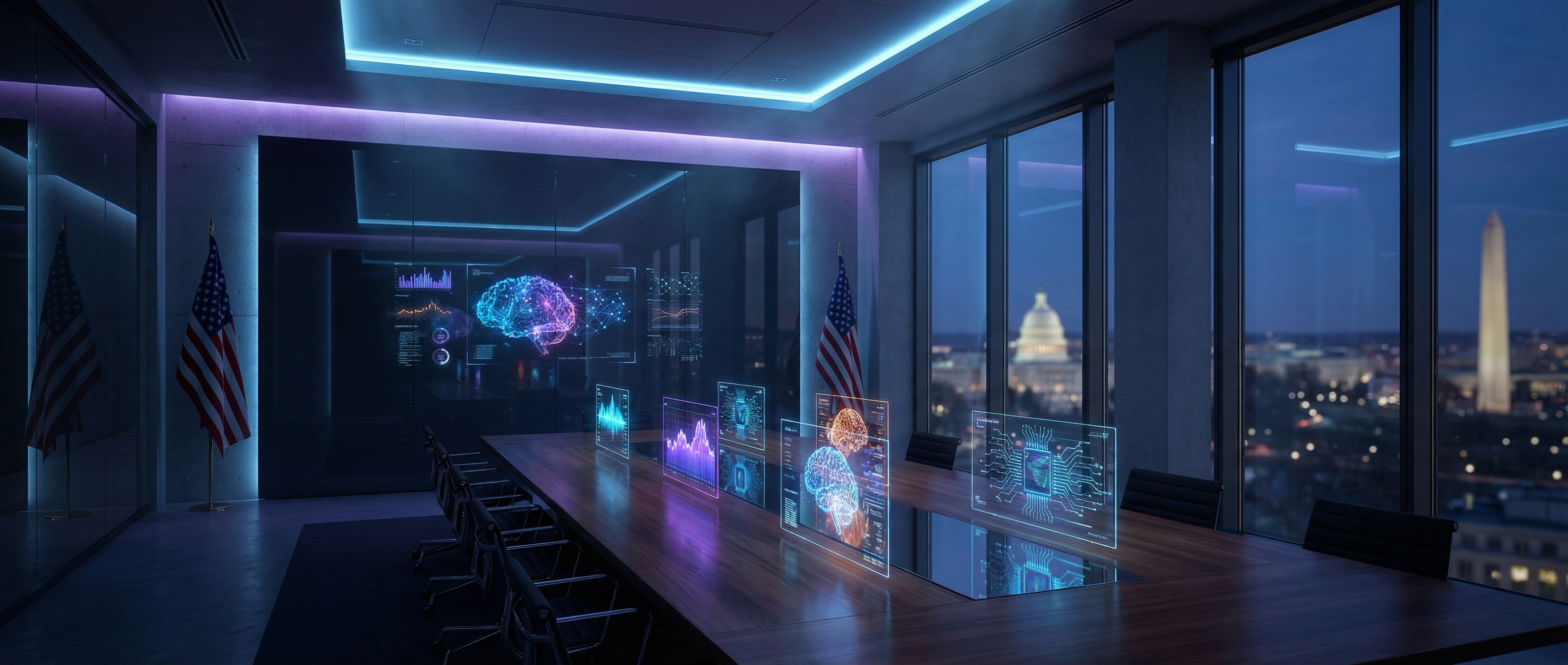 Empty modern executive government conference room with glowing holographic AI neural network displays and American flags